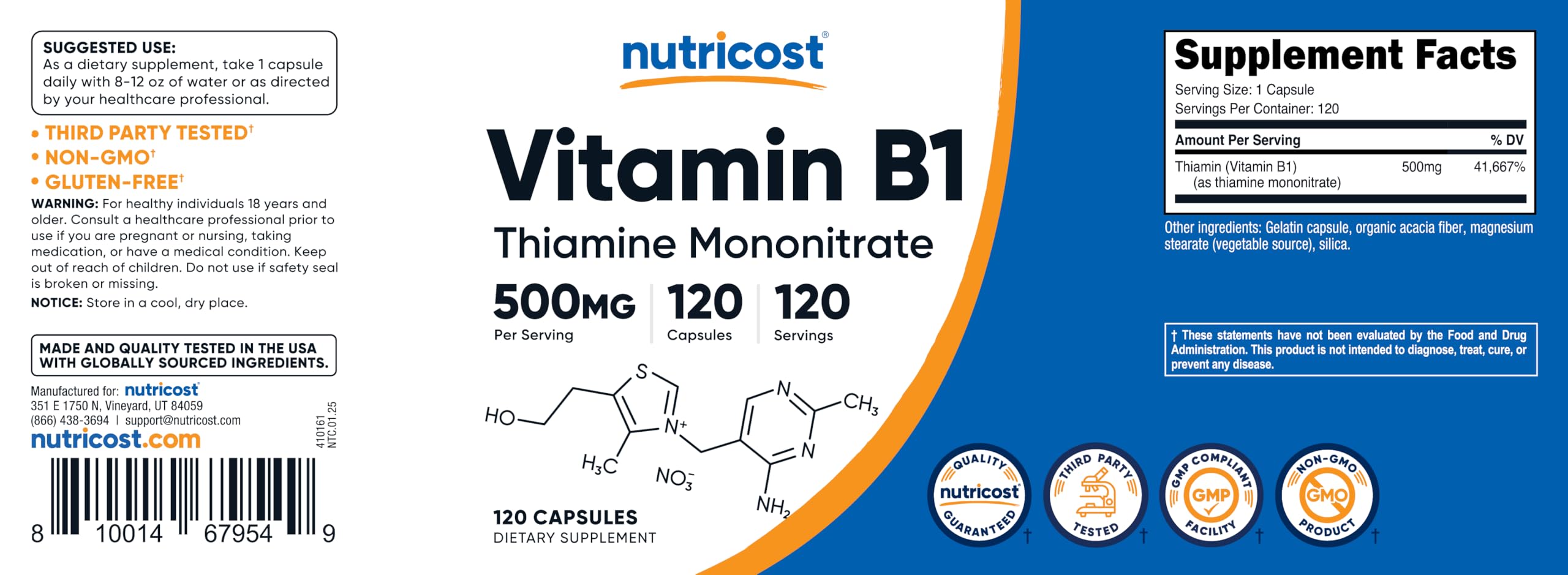 Nutricost Vitamine B1 500 mg, format prêt à l’emploi dans le flacon.