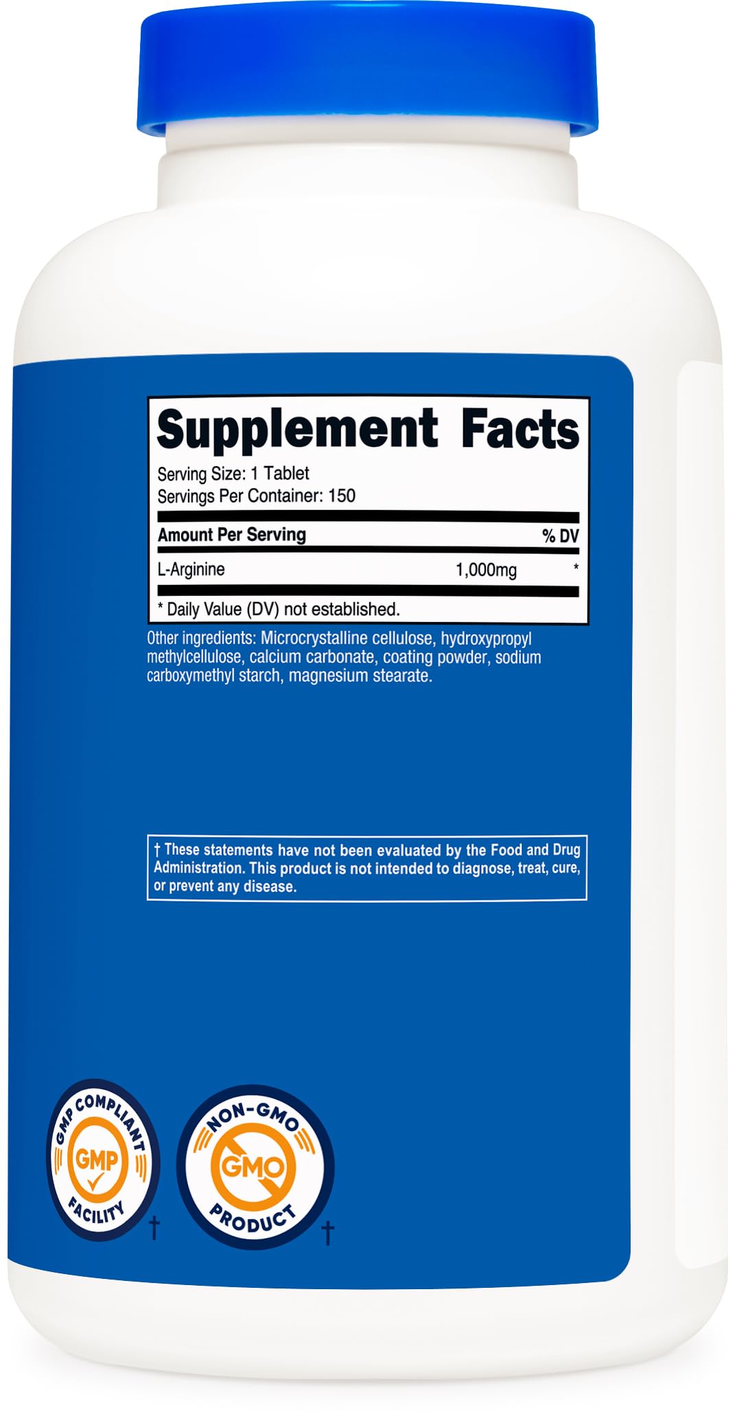 Nutricost L-Arginine 1000mg, flacon pratique avec 150 comprimés et 150 portions utilisables.