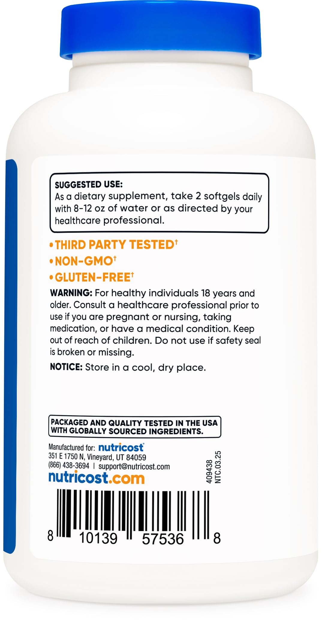 Nutricost emballage huile d'olive extra vierge, étiquette claire et informative.