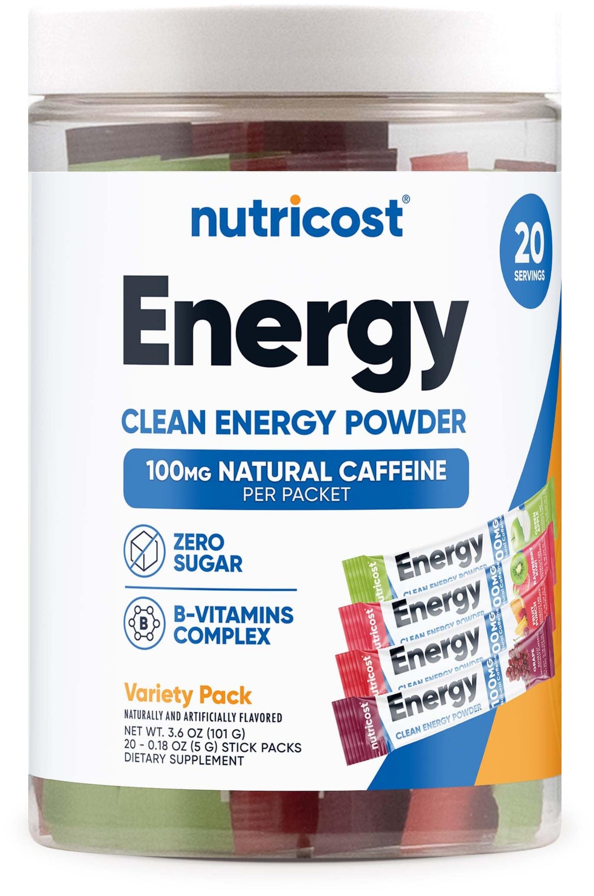 Nutricost emballage varié, sachets faciles à emporter pour énergie pratique.