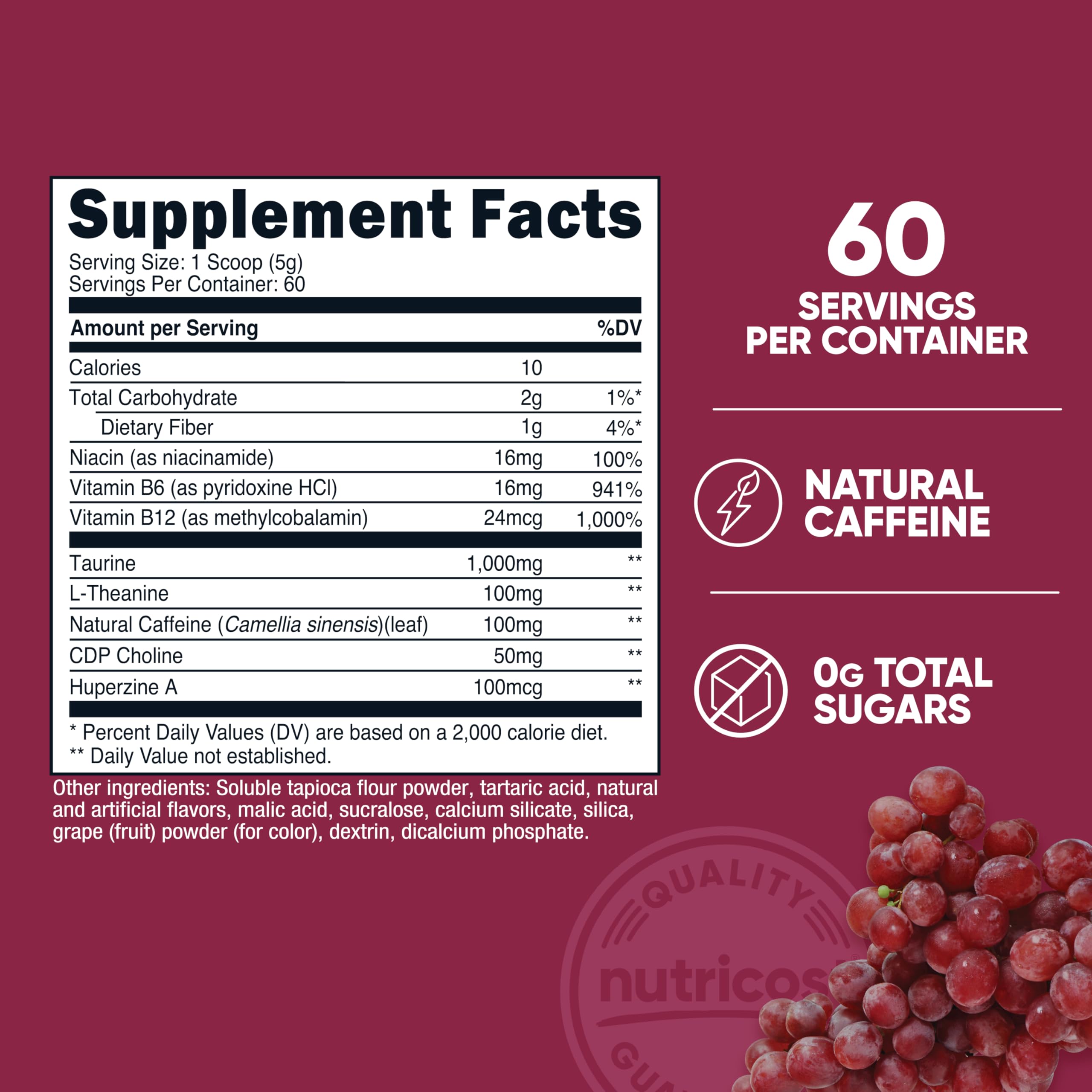 Nutricost Énergie Poudre raisin mélange prêt à boire avec goût fruité.