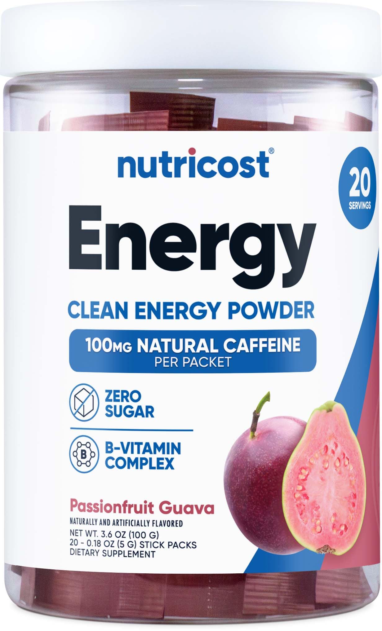 Nutricost Energy Complex Stickpack: emballage 20 sachets pour énergie pratique en déplacement.