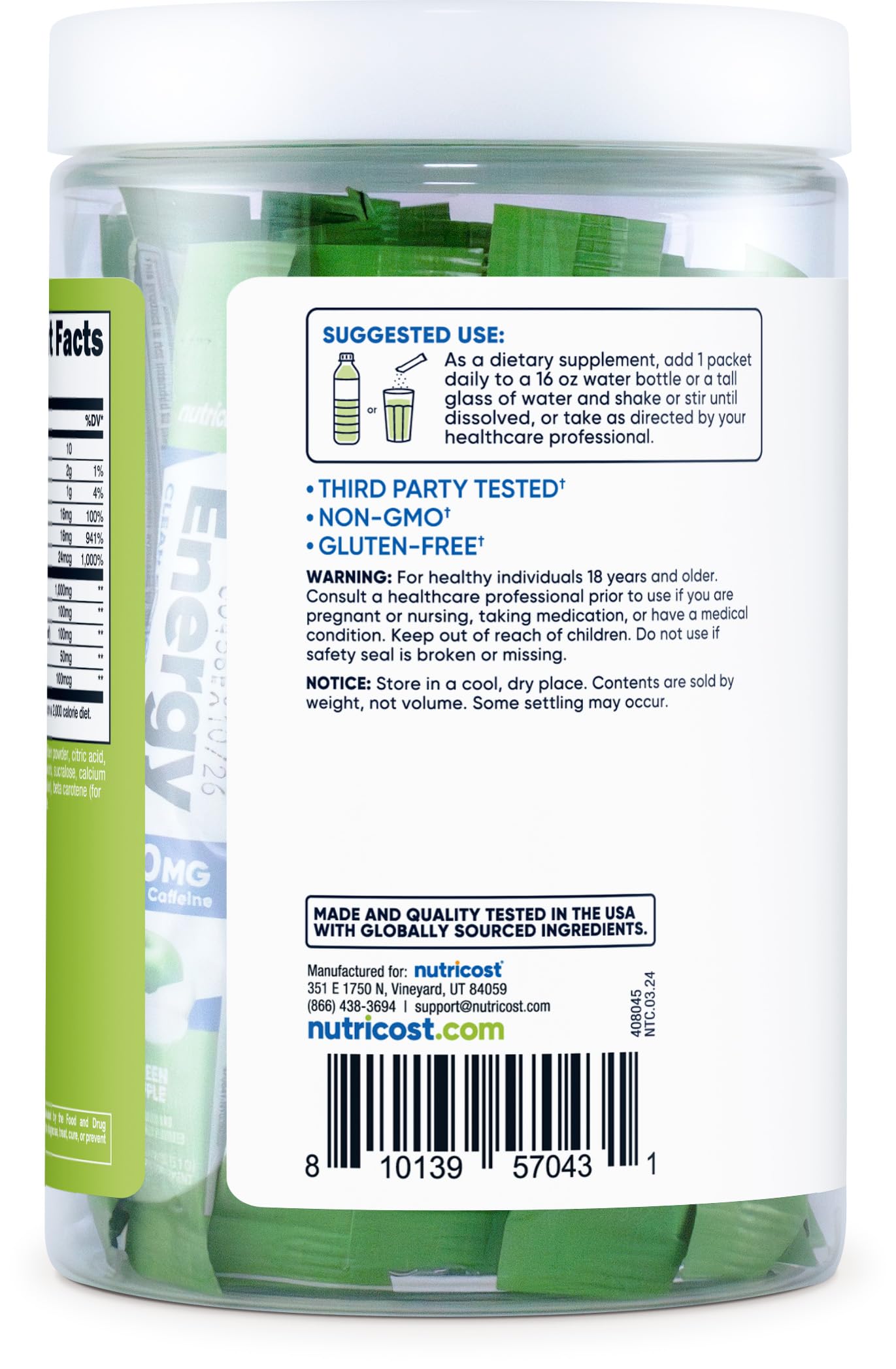 Goût pomme verte Nutricost Energy Complex Stickpack, sans sucre ajouté.