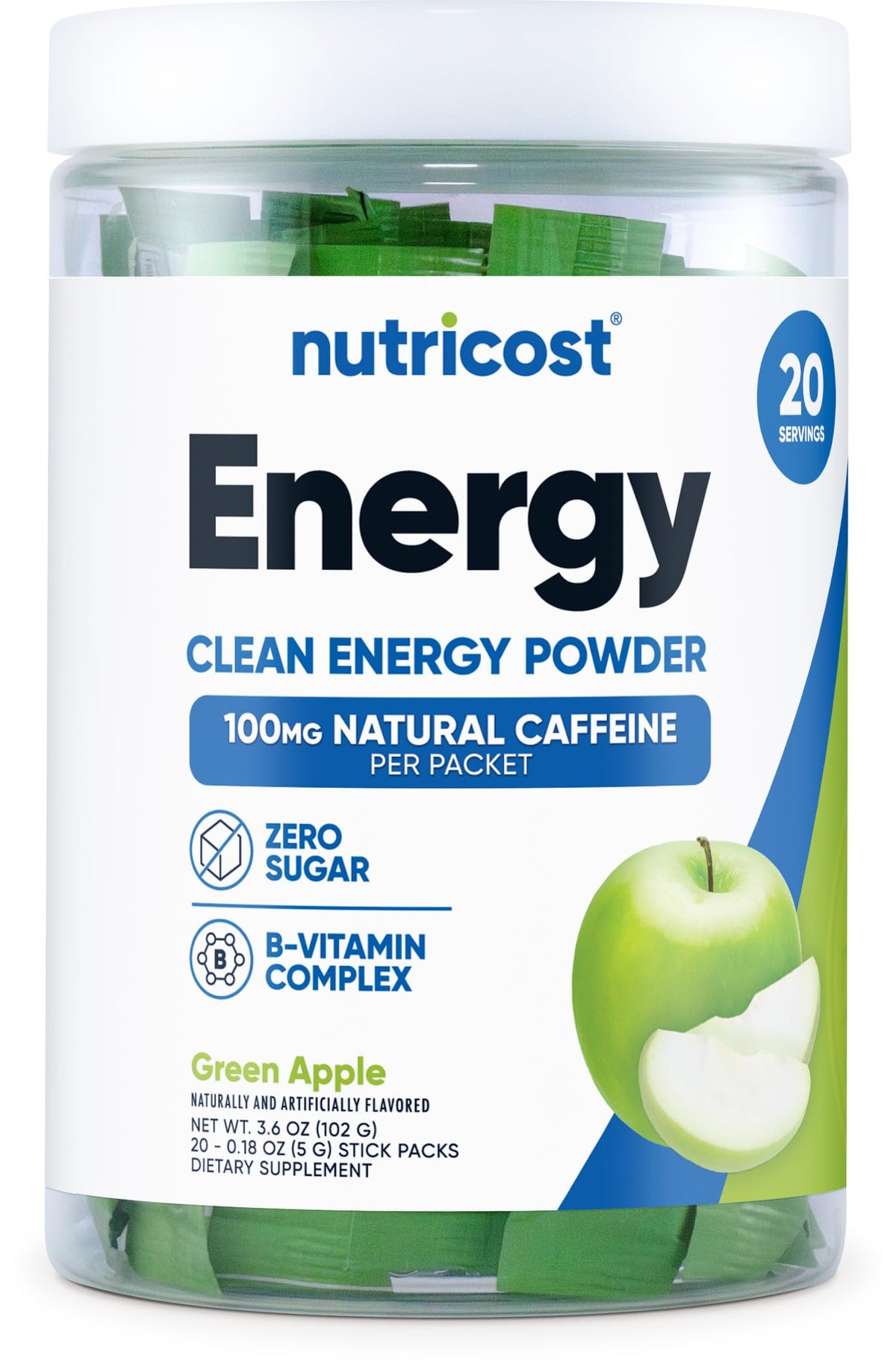 Nutricost Energy Complex Stickpack pomme verte, flacon prêt à l’emploi et énergie pratique.
