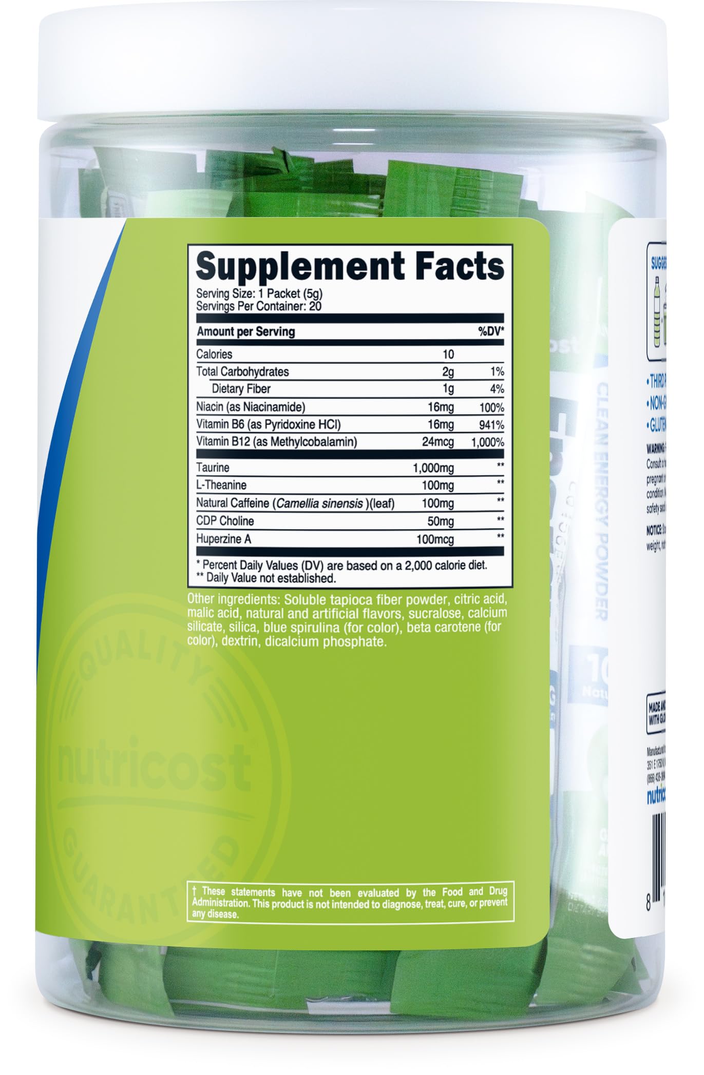 Étiquette Nutricost sans gluten sur le pack Energy Complex.