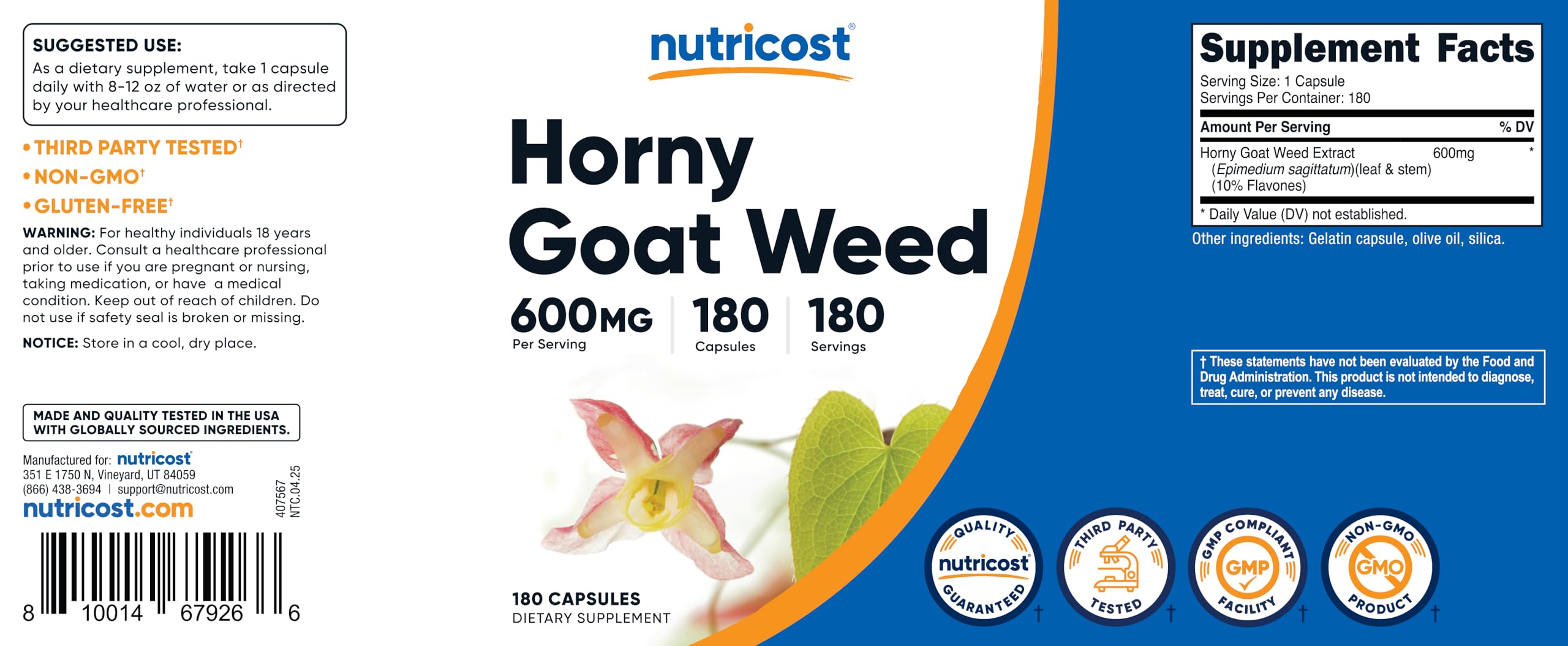 Nutricost Epimède extrait, flacon en main et dosage clair de 600 mg