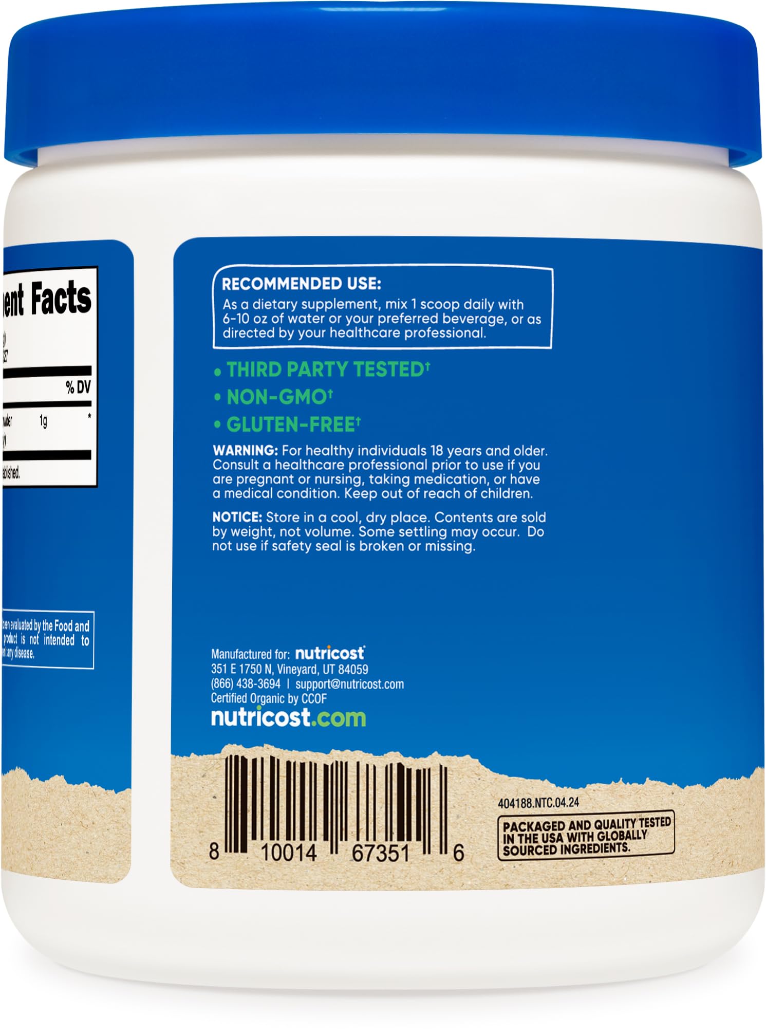 Étiquette biologique et certification visibles sur l'emballage Nutricost Palmetto.