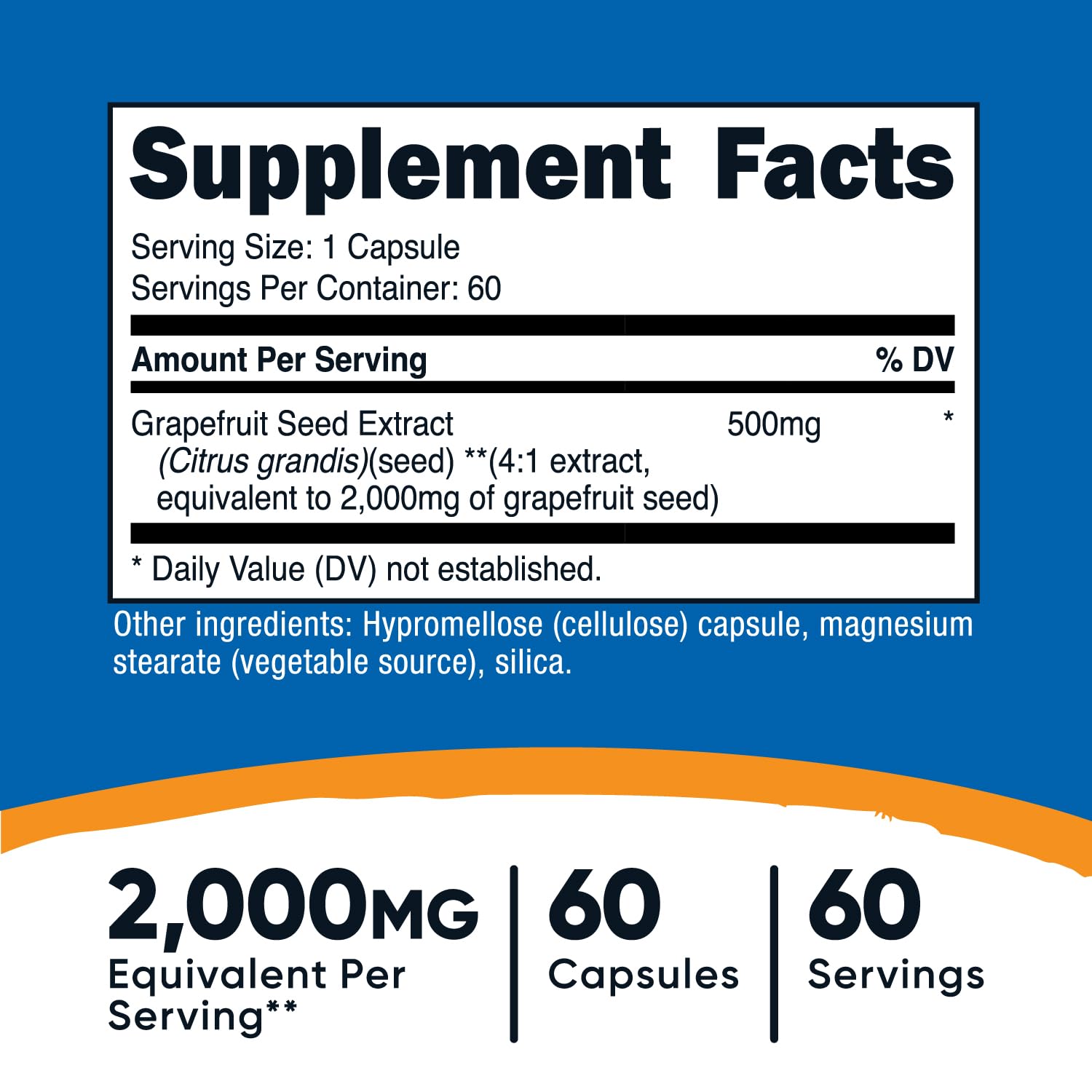 Étiquette Nutricost indiquant sans gluten et sans OGM pour l’extrait de pamplemousse.