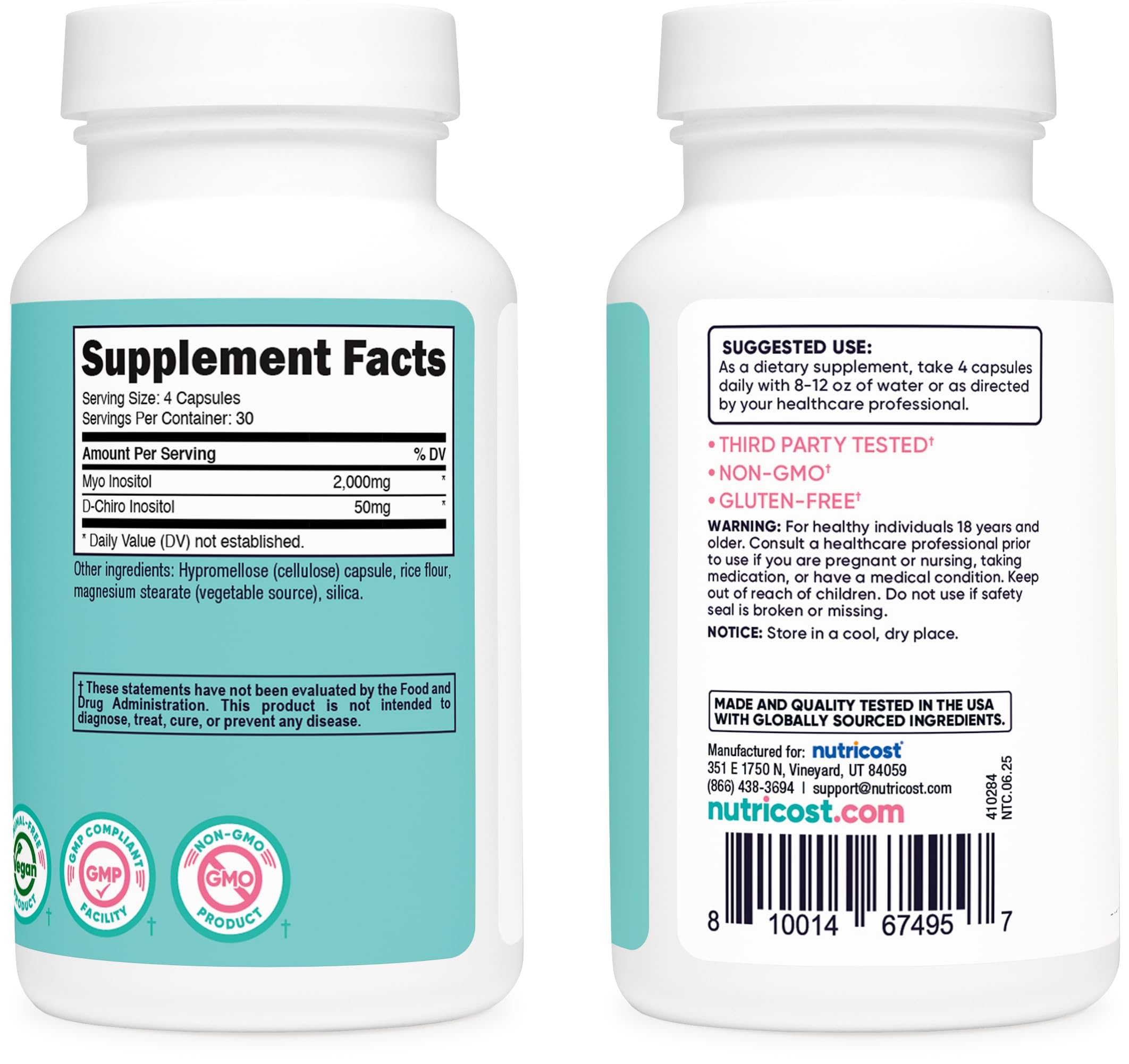 Étiquette Nutricost indiquant 2000 mg Myo et 50 mg D-Chiro par portion