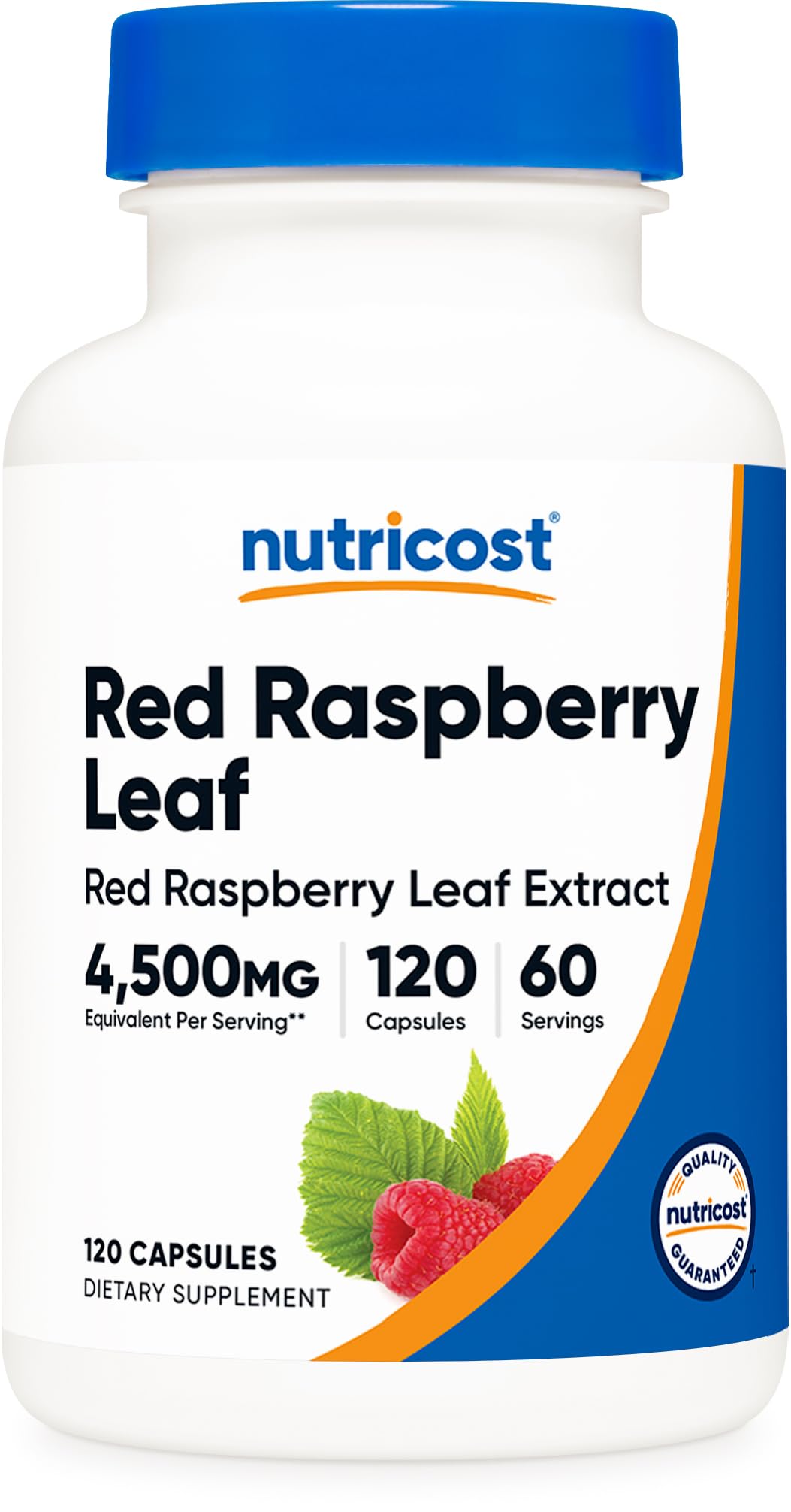 Nutricost Extrait Feuille Framboise Rouge 4500 mg équivalent, bouteille pratique pour routine quotidienne.