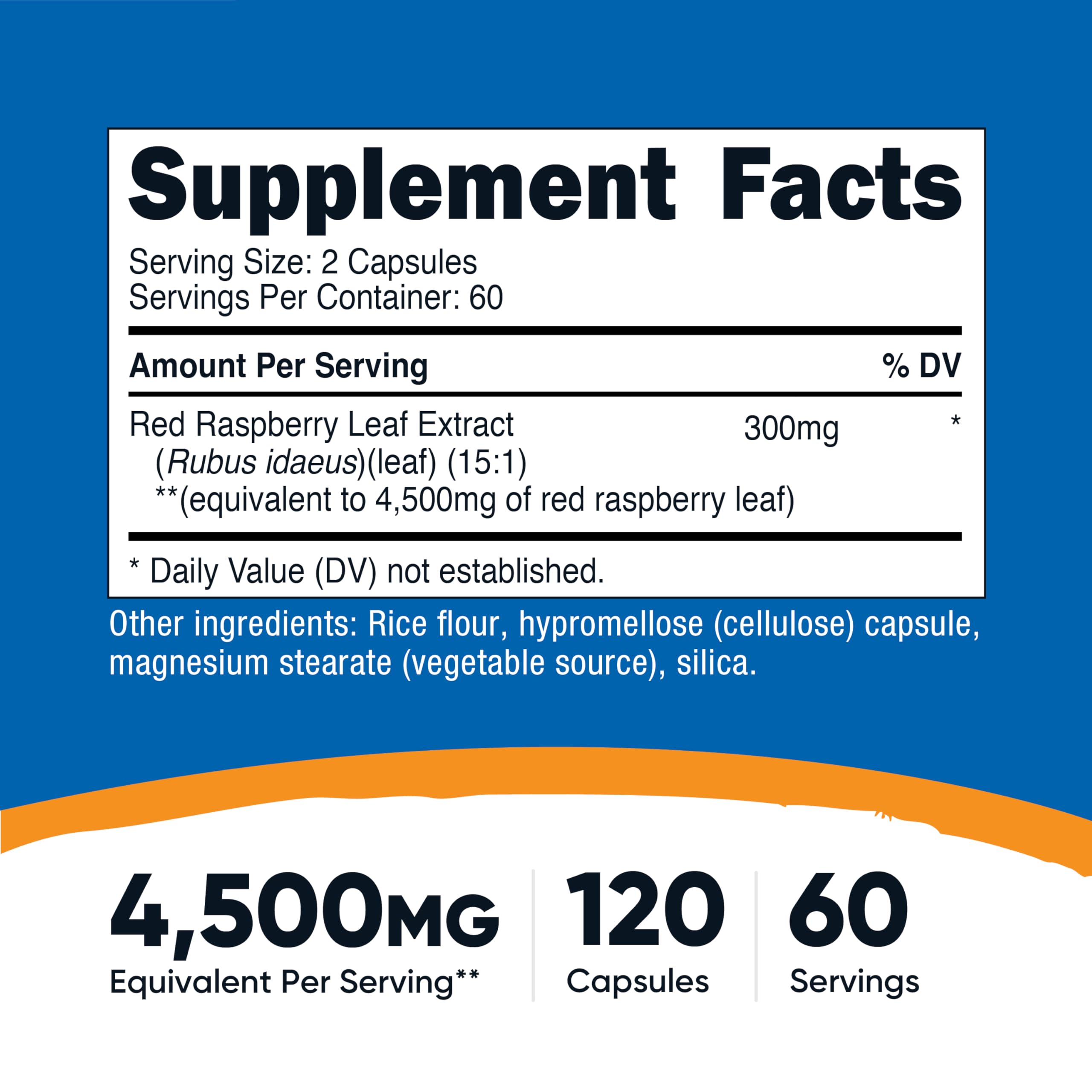 Nutricost Extrait Feuille Framboise Rouge 4500 mg équivalent, capsules faciles à avaler.