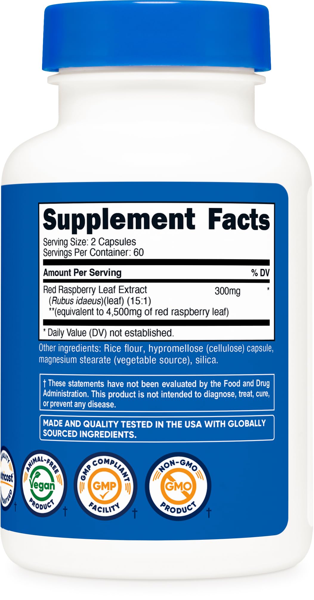 Nutricost Extrait Feuille Framboise Rouge 4500 mg équivalent, emballage recyclé et pratique.