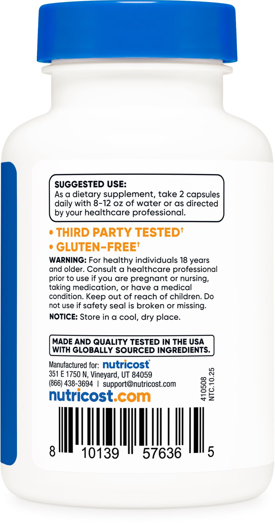 Nutricost extrait laitue sauvage – étiquette indiquant végan, sans OGM et sans gluten