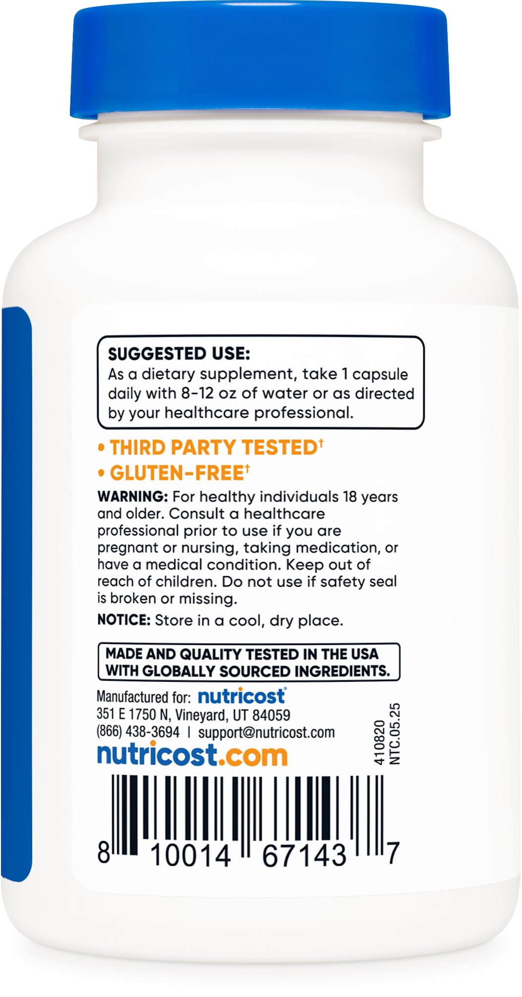 Capsule Nutricost affichant l’équivalent 2000 mg d’extrait de pamplemousse par dose.
