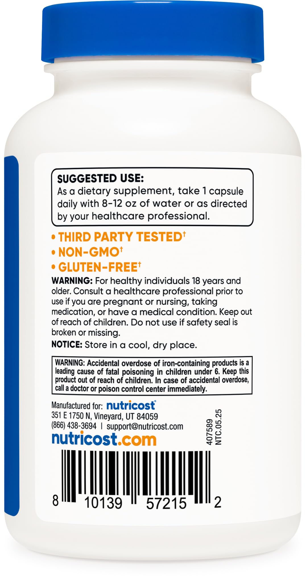 Nutricost Fer Bisglycinate – emballage fiable et sûr.