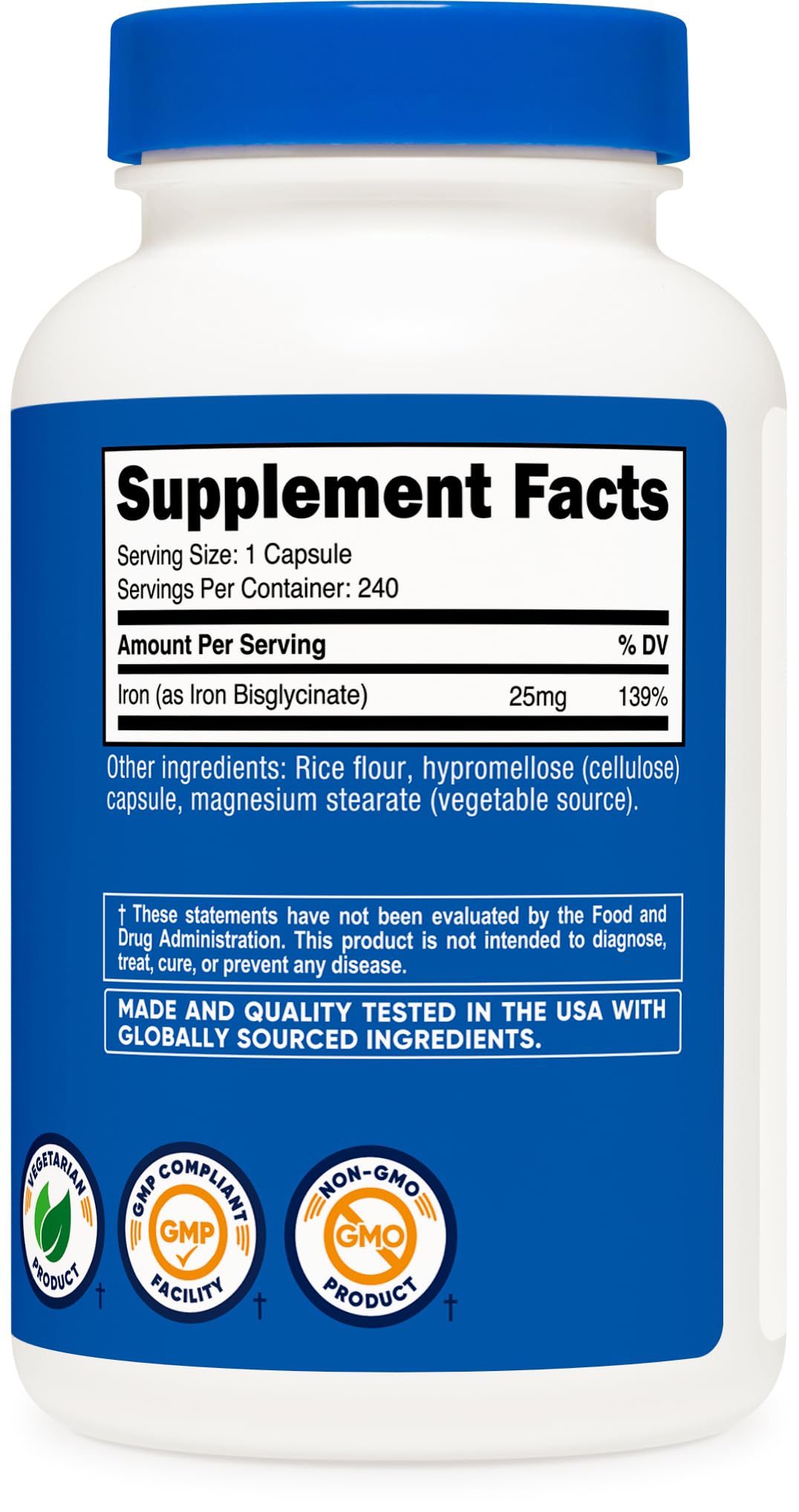 Nutricost Fer Bisglycinate – utilisation quotidienne recommandée, formule biodisponible.