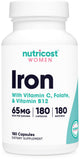 Nutricost Fer pour femmes 65 mg – boîte et capsules faciles à avaler, énergie potentielle.