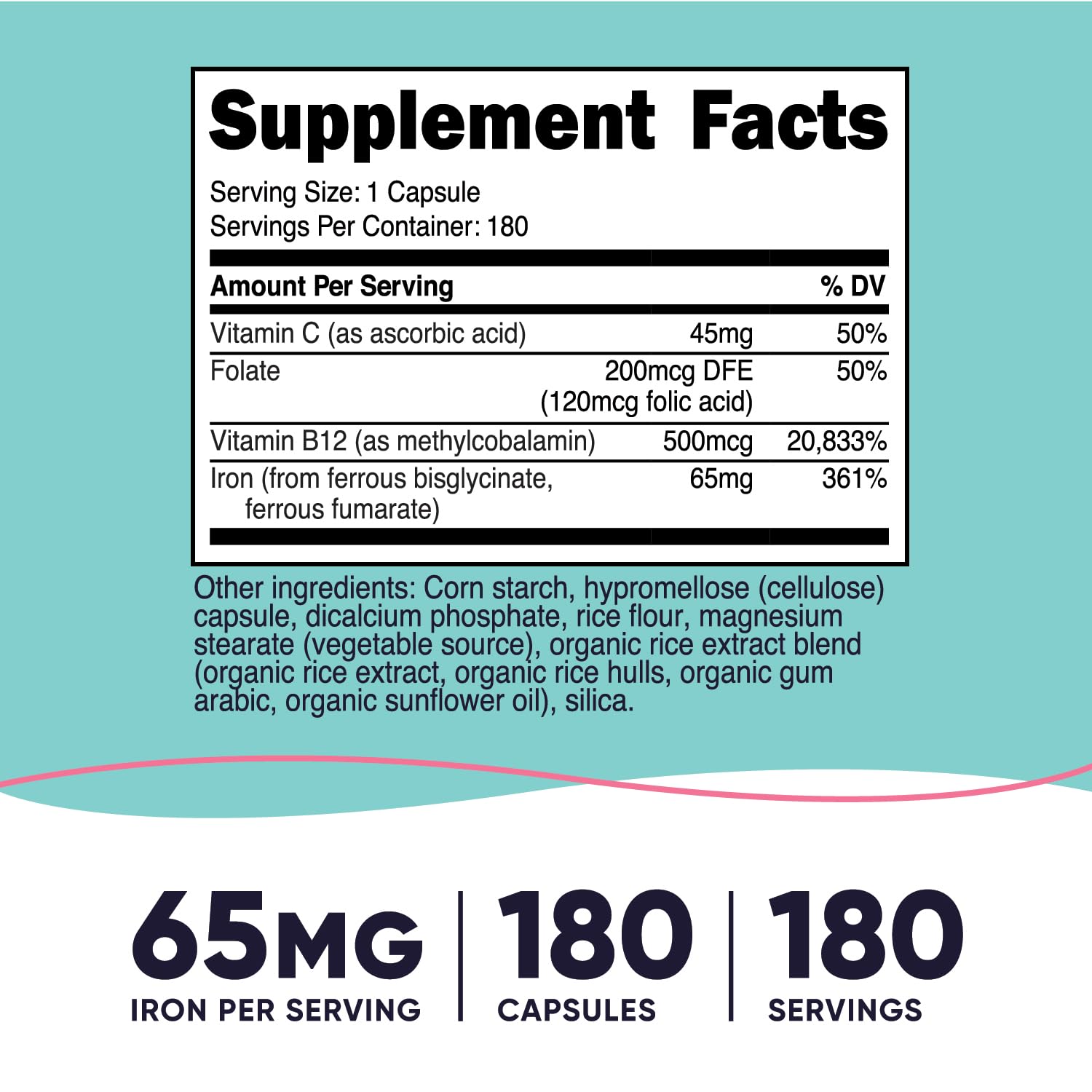 Nutricost Fer pour femmes 65 mg – composition riche en vitamine C et folate.