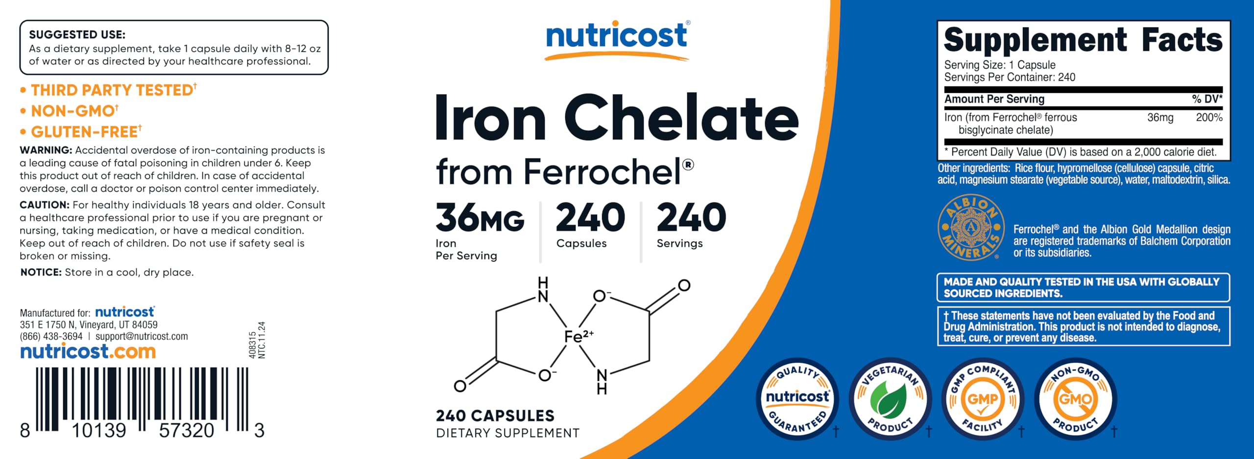 Utilisation quotidienne Nutricost Ferrochel – sans gluten et sans OGM.