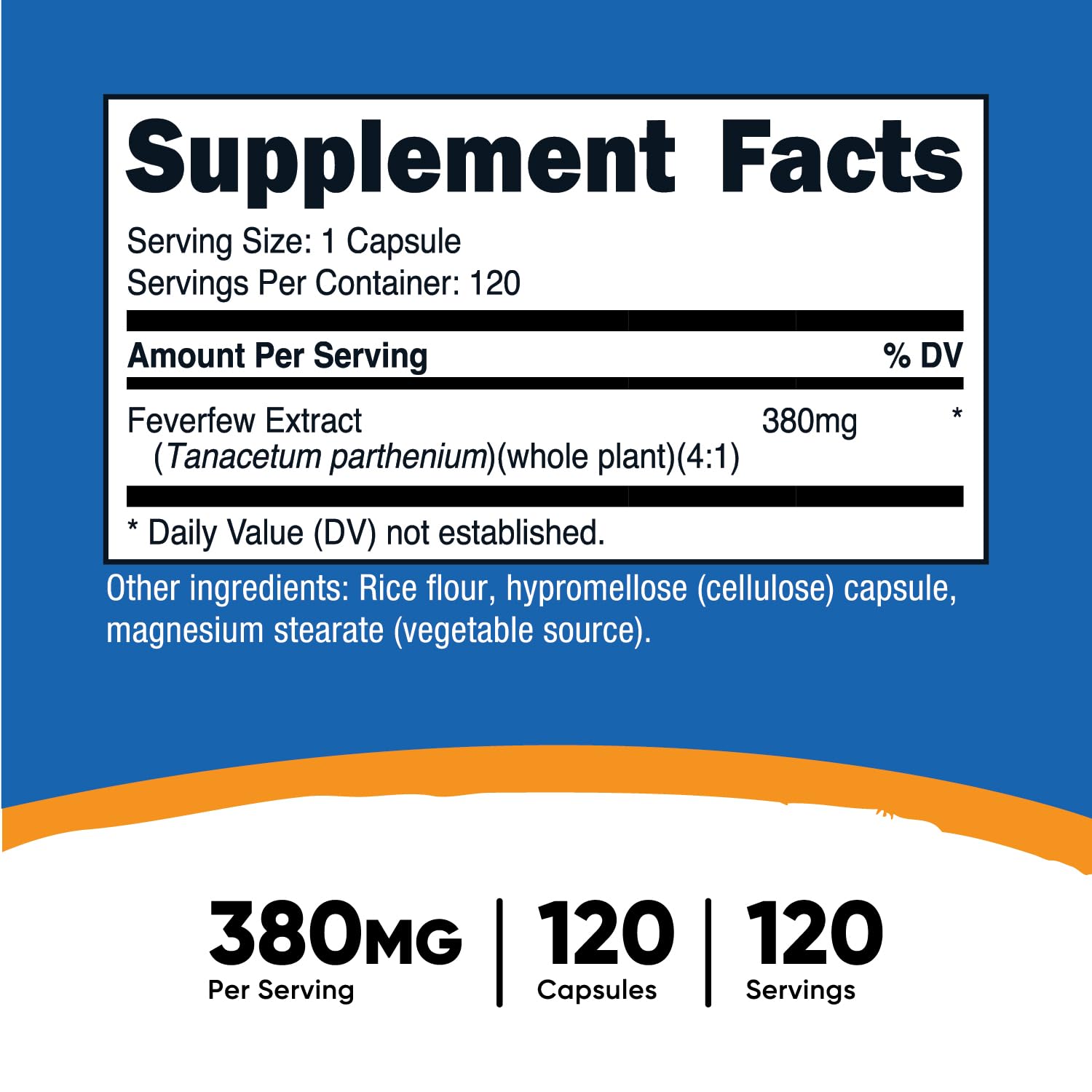 Nutricost Feverfew, étiquette claire, dosage simple pour l'usage quotidien.