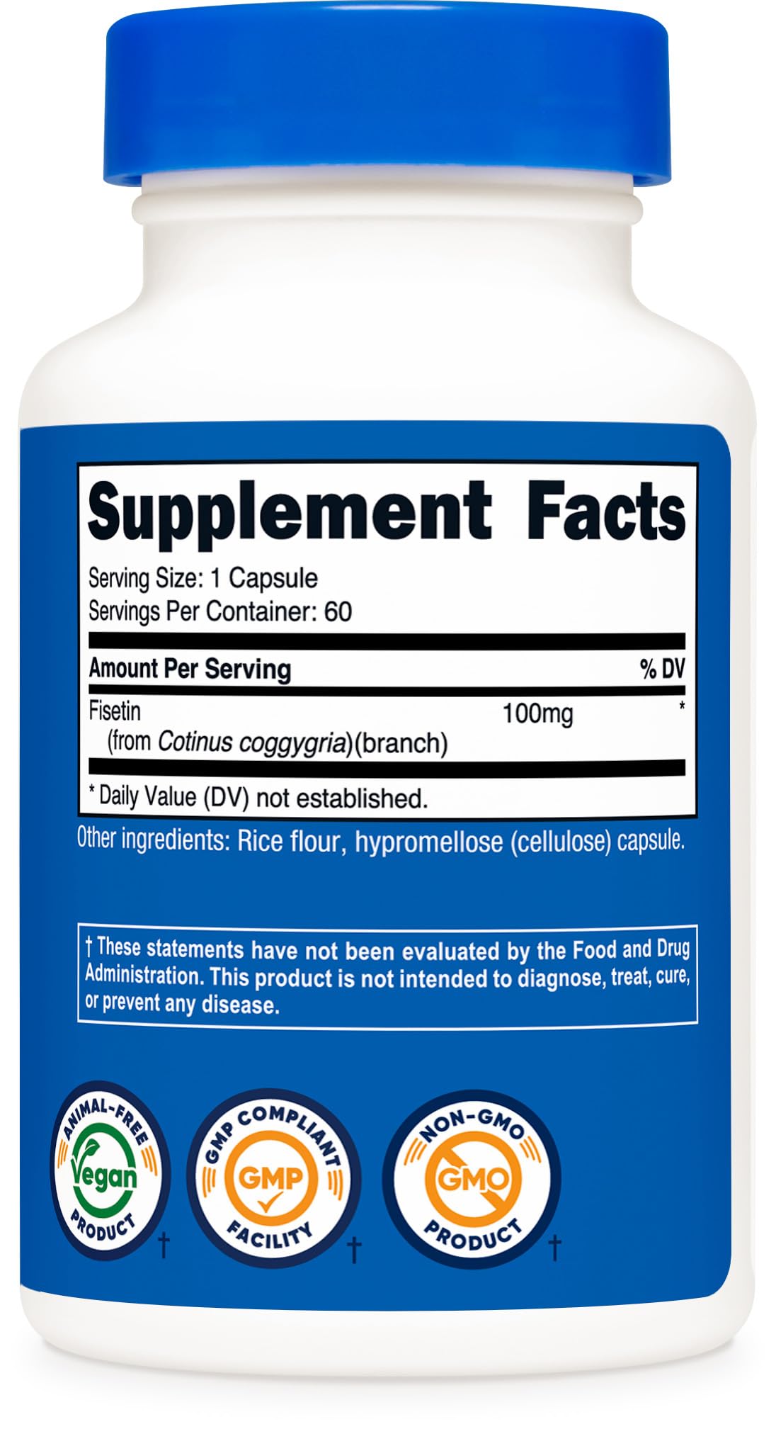 Nutricost fisetine capsules : dosage fixe de 100 mg par gélule pour la routine.