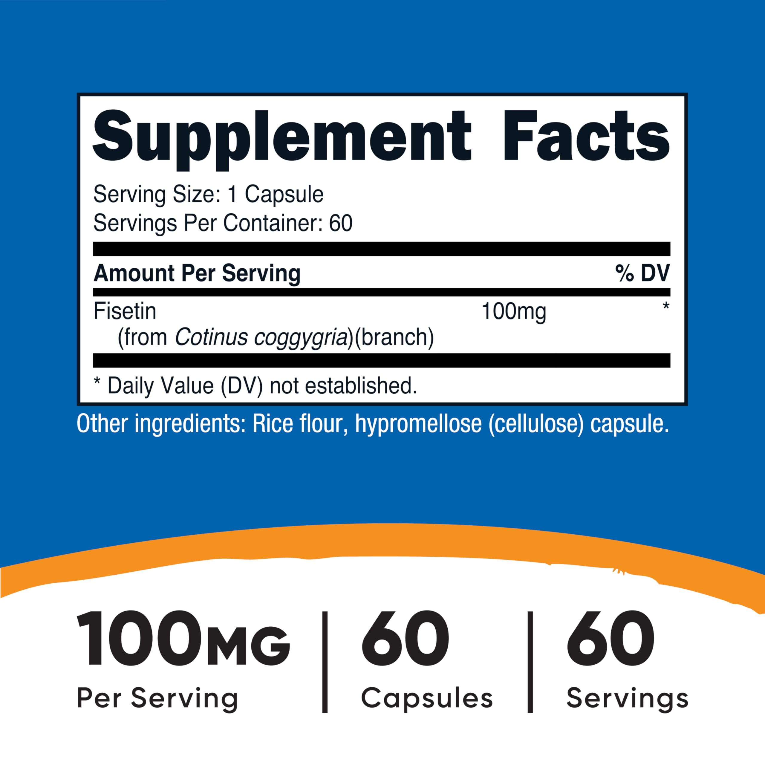 Nutricost fisetine : etiquette lisible facilitant un achat éclairé et sans OGM.