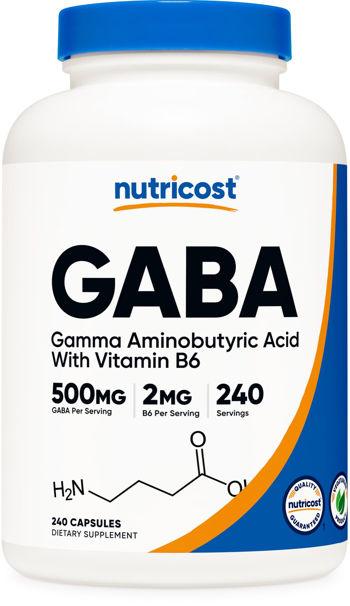 Nutricost GABA B6 capsules dans la bouteille, format pratique et végétarien.