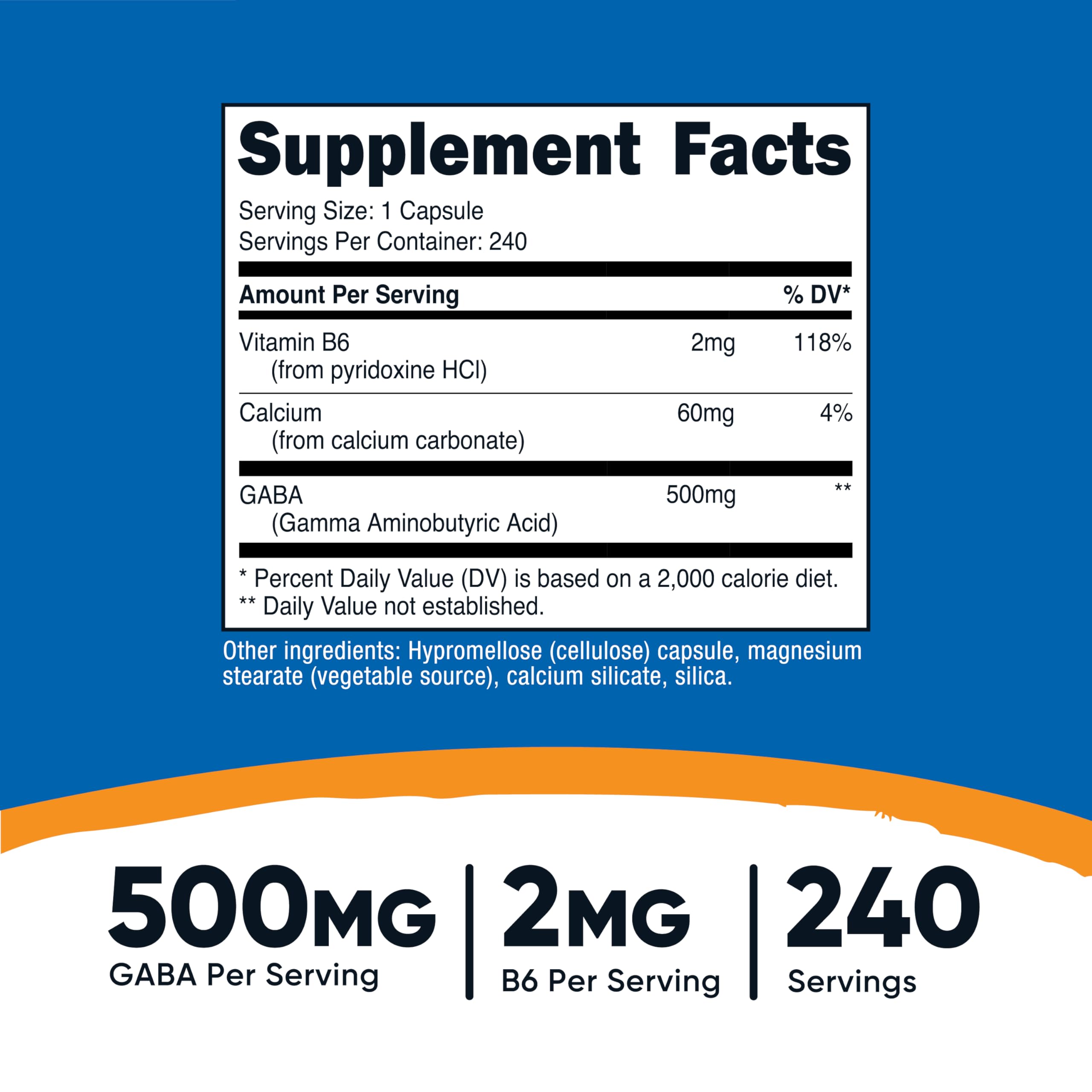Étiquette Nutricost GABA B6 montrant ingrédients végétariens et sans OGM.