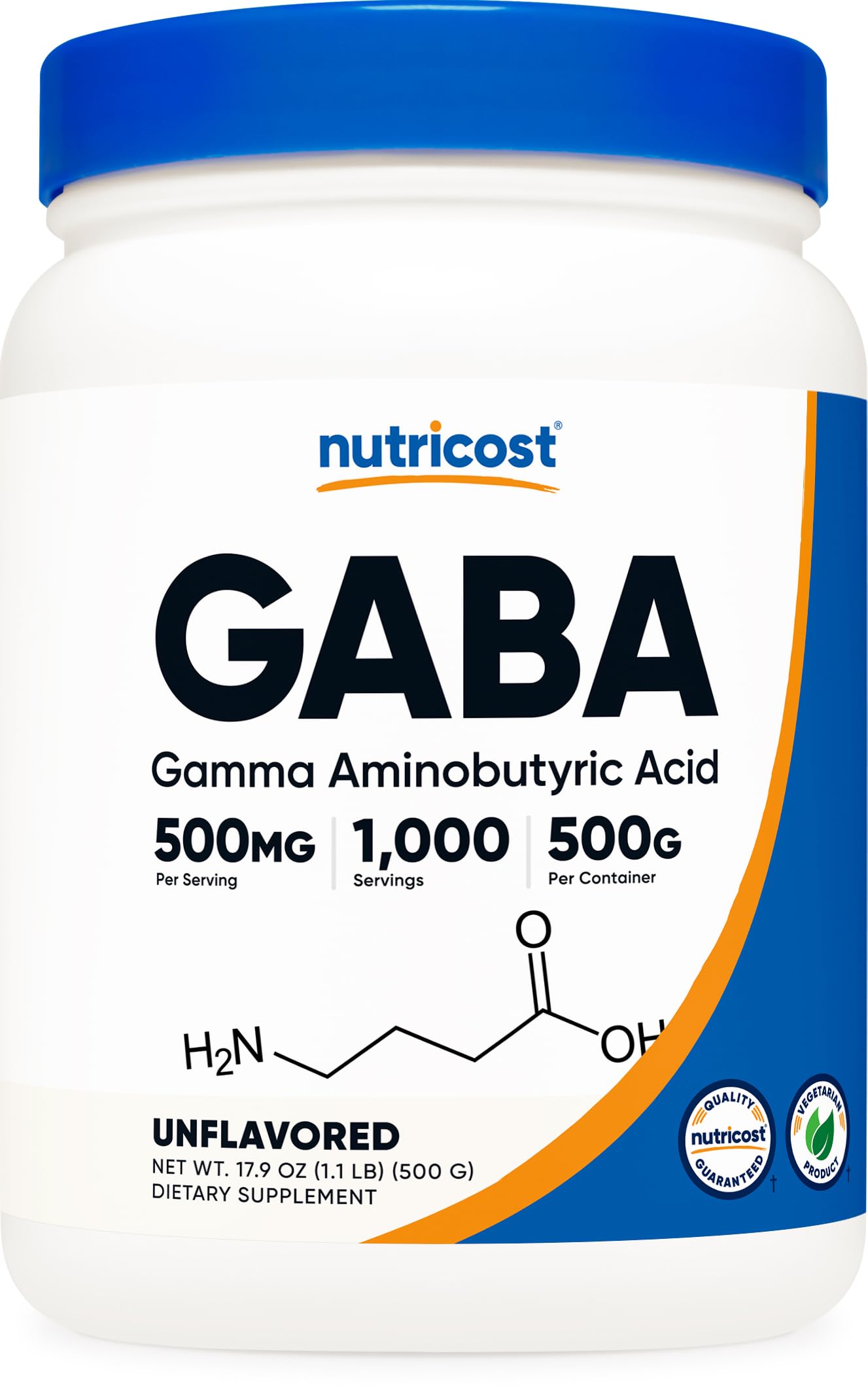 Nutricost GABA en poudre 500 g – bouteille prête à une routine relaxante.