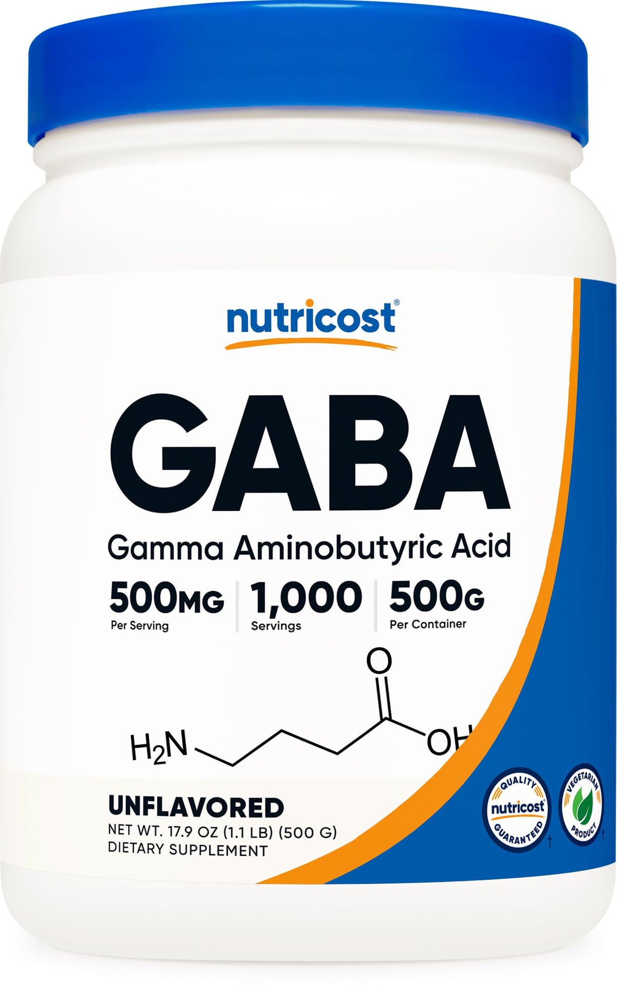 Nutricost GABA en poudre 500 g – bouteille prête à une routine relaxante.