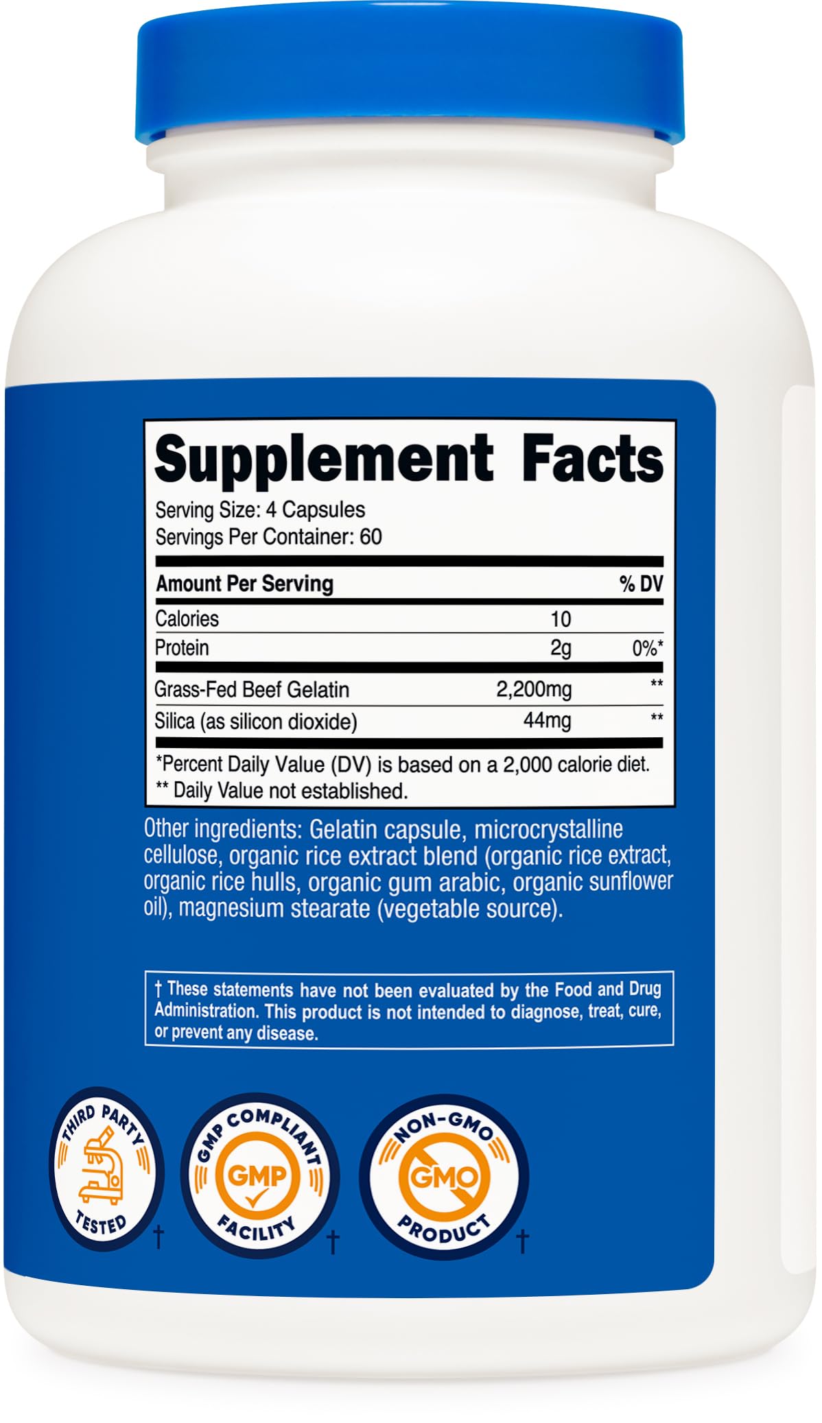 Certifications NSF et GMP visibles sur Nutricost Gélatine avec Silice pour traçabilité.