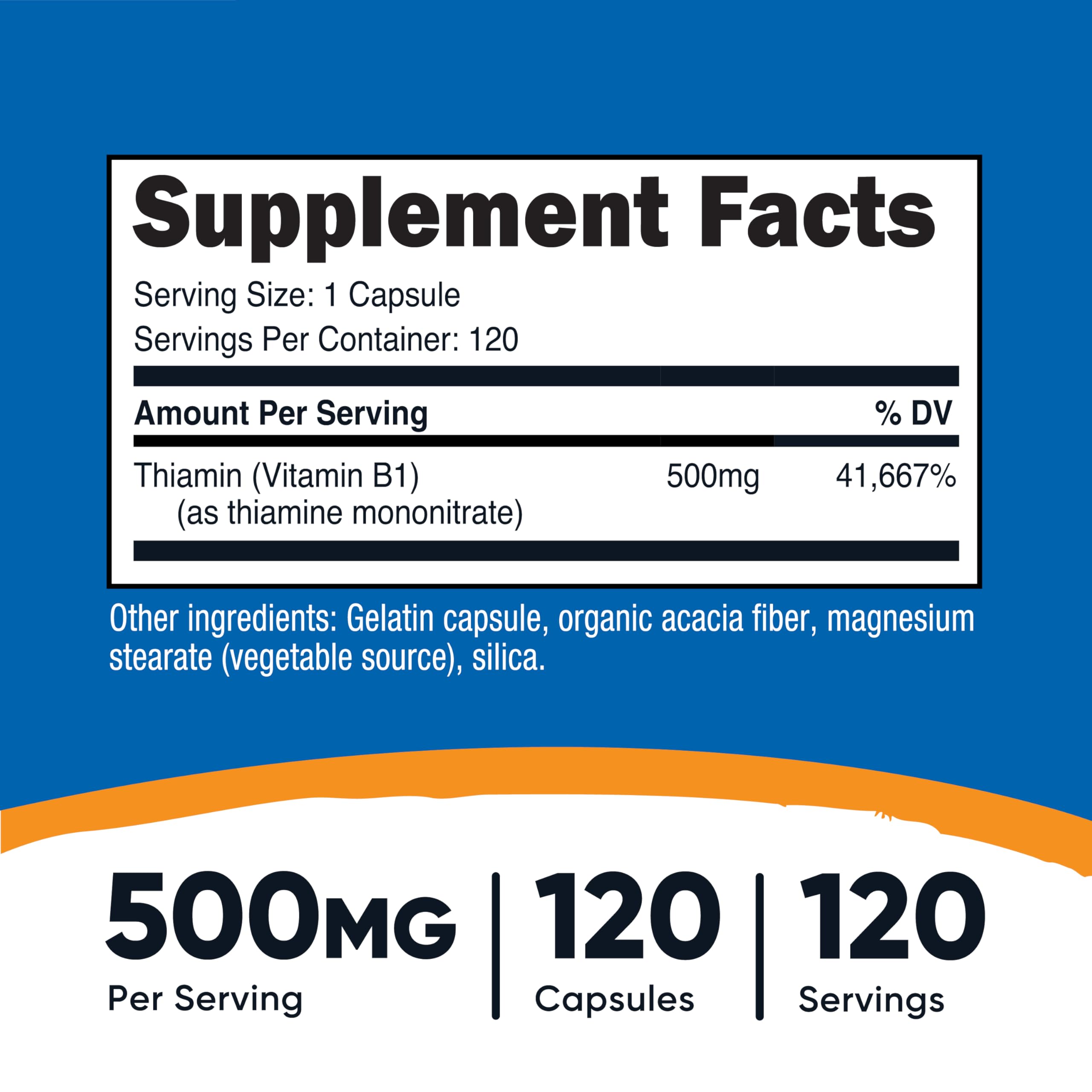 Gélules Nutricost Vitamine B1 500 mg, prise pratique au quotidien.