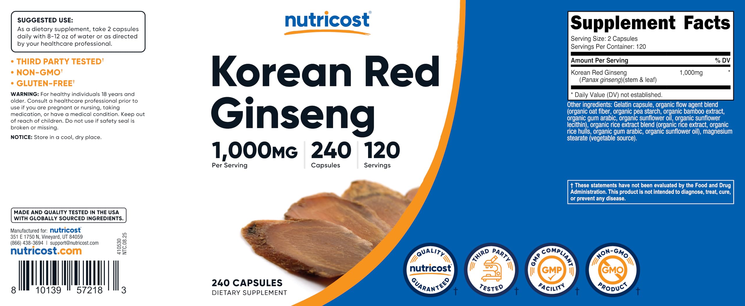Flacon Nutricost Ginseng Coreen Rouge sur planche de cuisine.