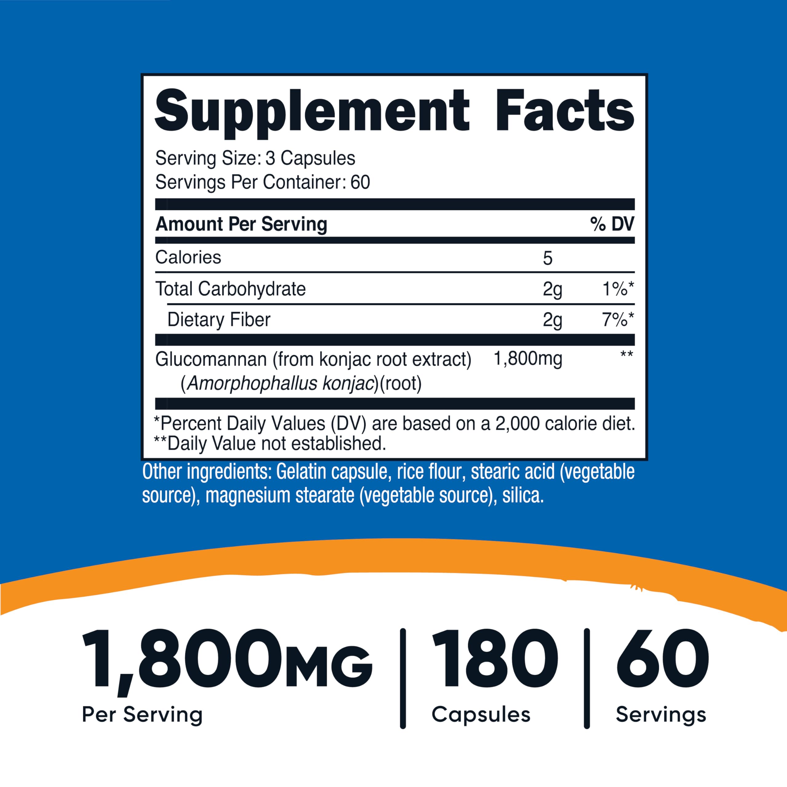 Gélules Nutricost Glucomannan faciles à avaler pour un apport quotidien en fibres.