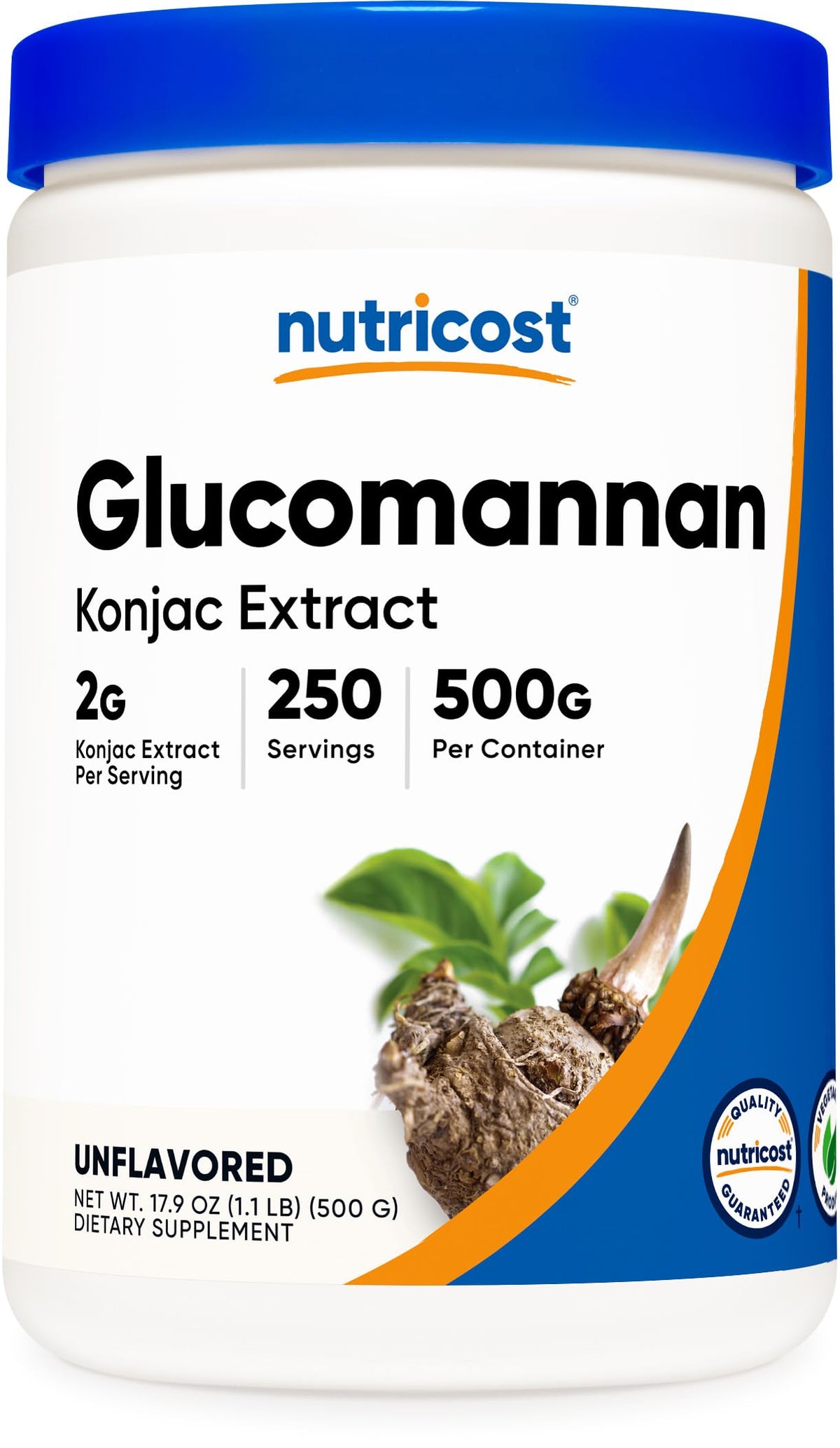 Poudre Nutricost glucomannan en bouteille 500 g, riche en fibres et pratique.