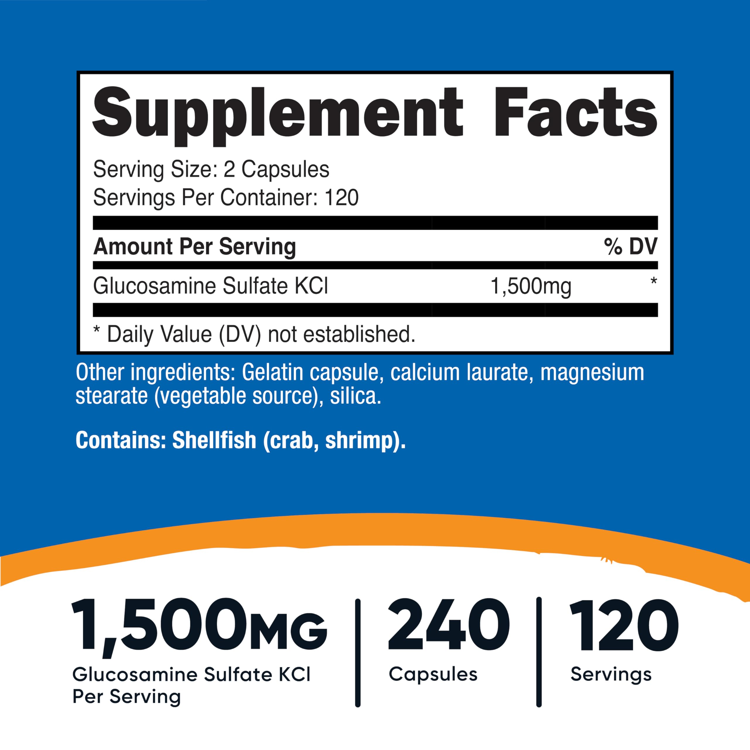Nutricost glucosamine sulfate – étiquette affichant dosage par capsule et portion