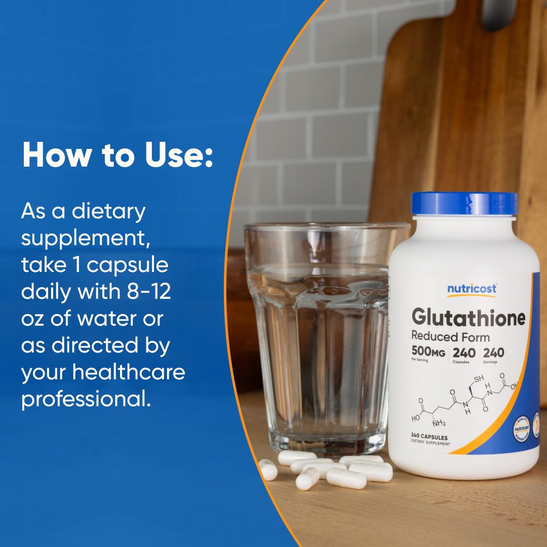 Mode d'emploi quotidien Nutricost glutathion 500 mg, prise simple.
