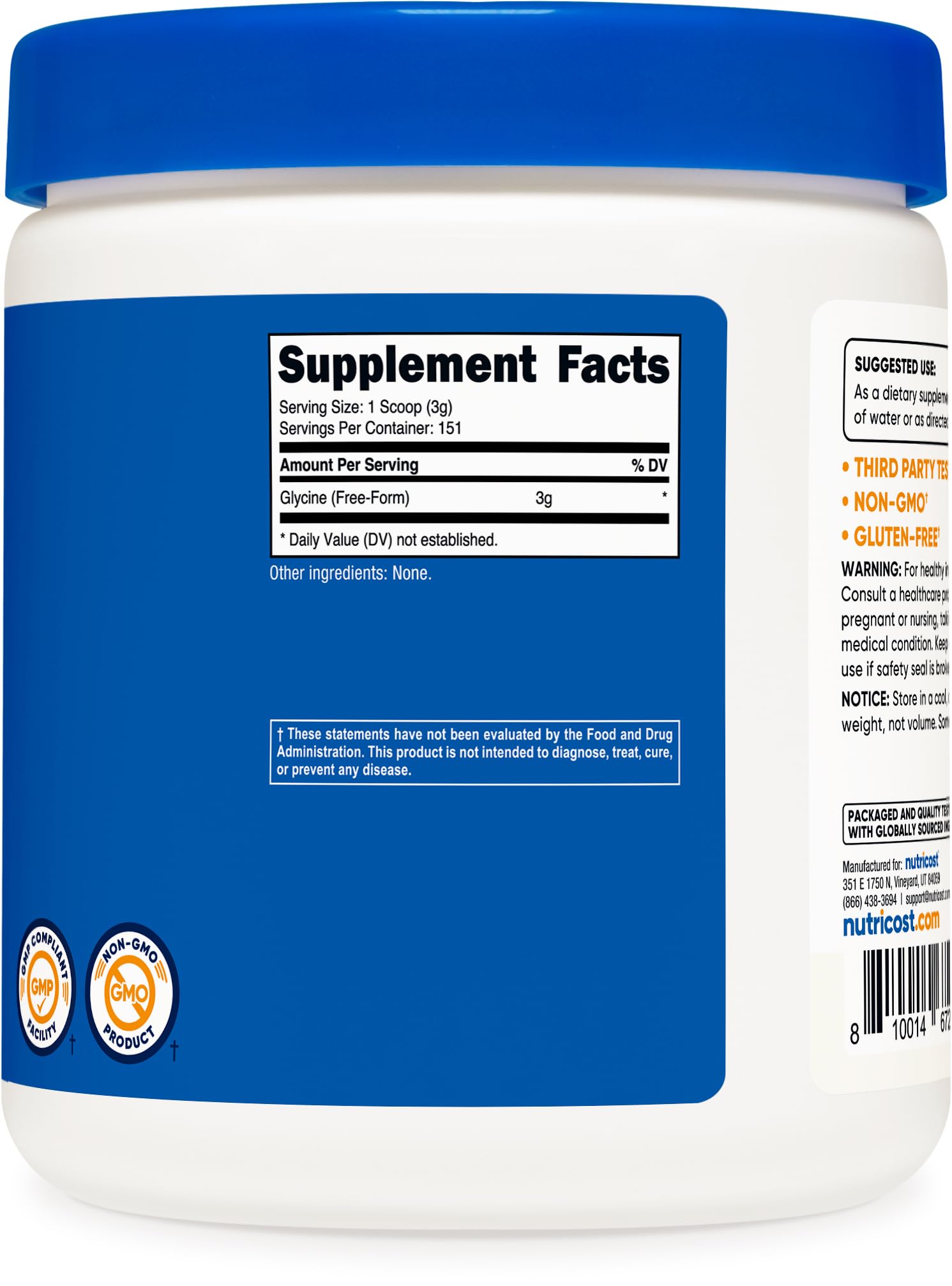 Nutricost Glycine, étiquette claire sans OGM et sans gluten.