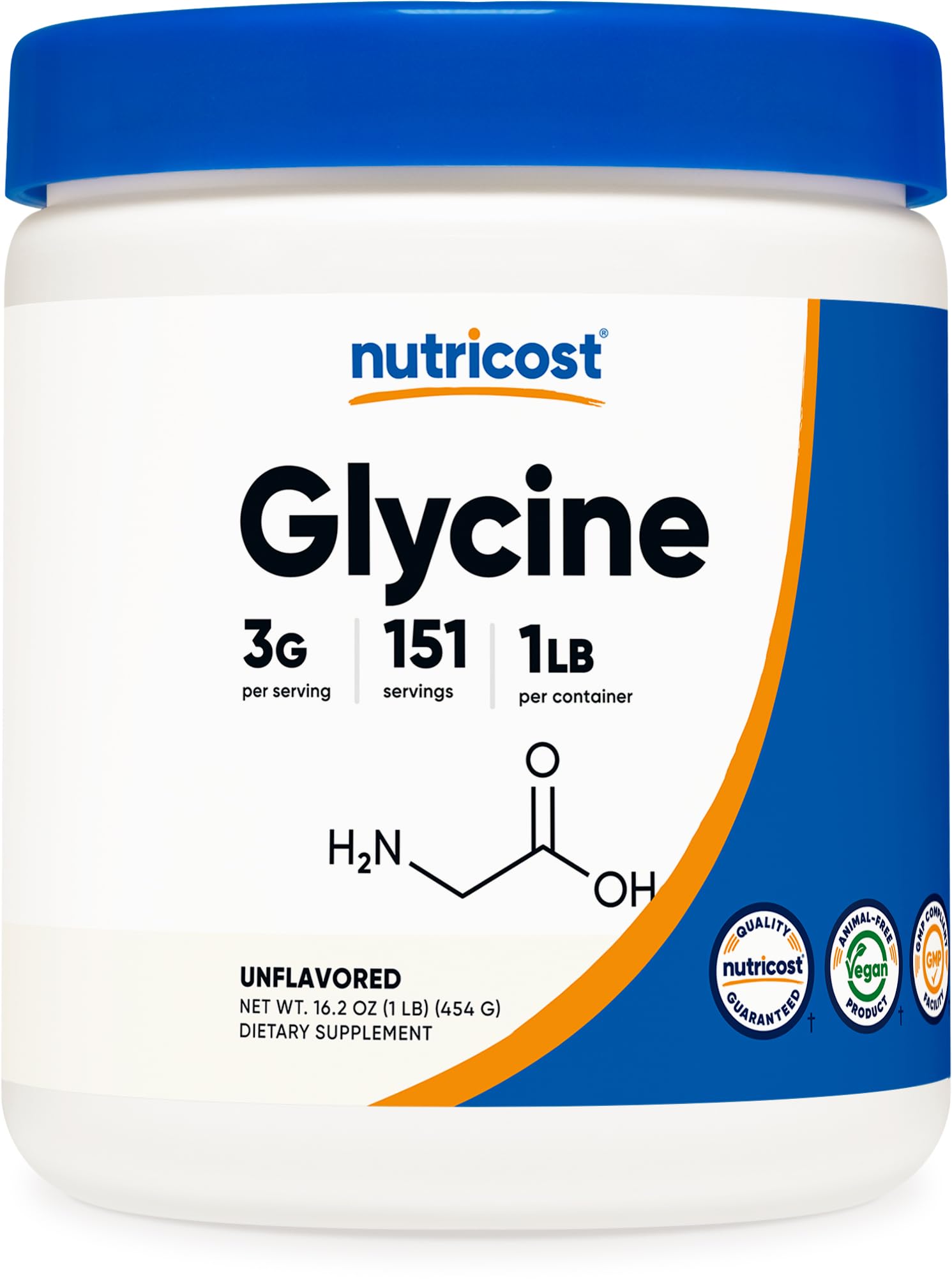 Nutricost Glycine, emballage, dosage précis pour une utilisation quotidienne.