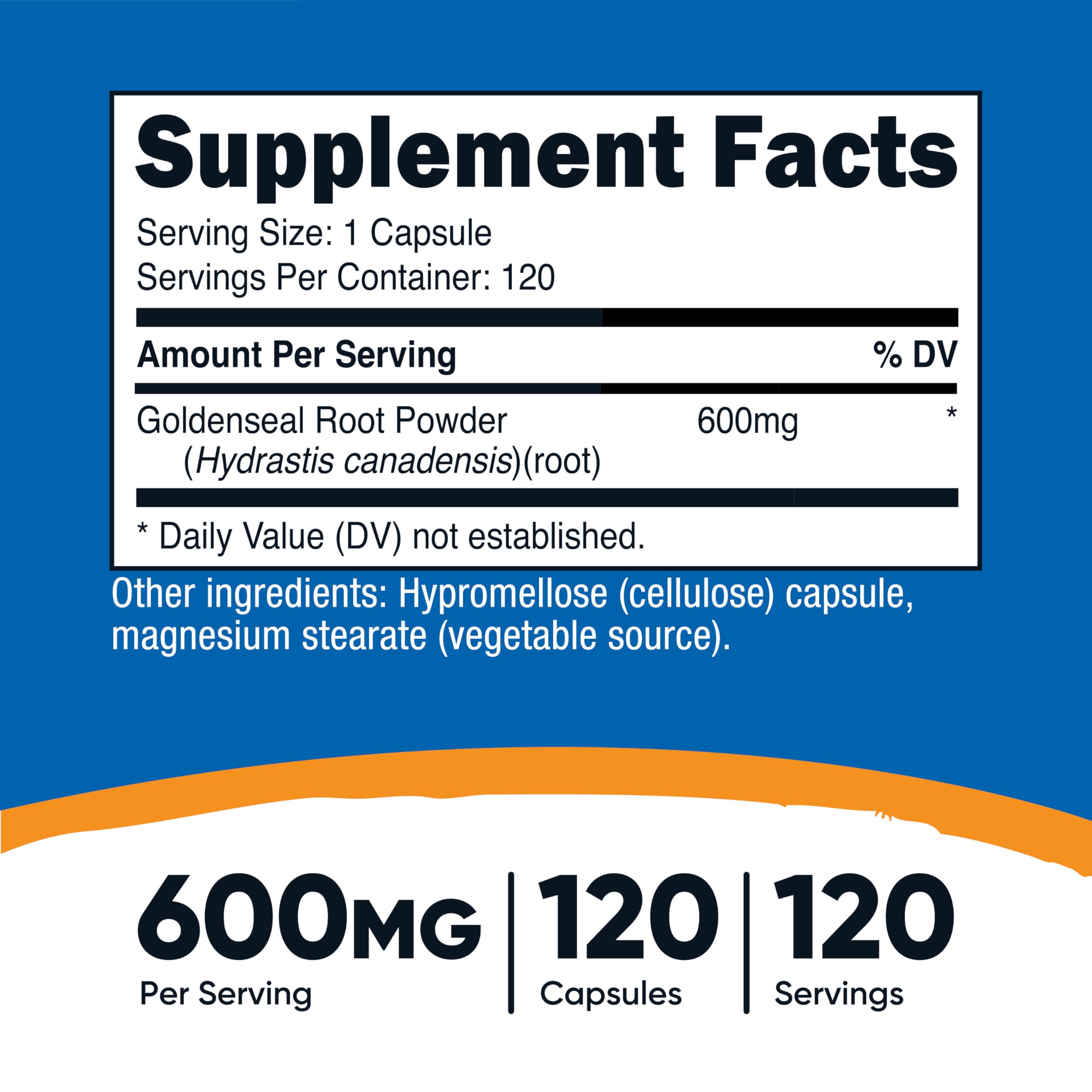 Nutricost Goldenseal 600 mg, boîte sans gluten et non-OGM.