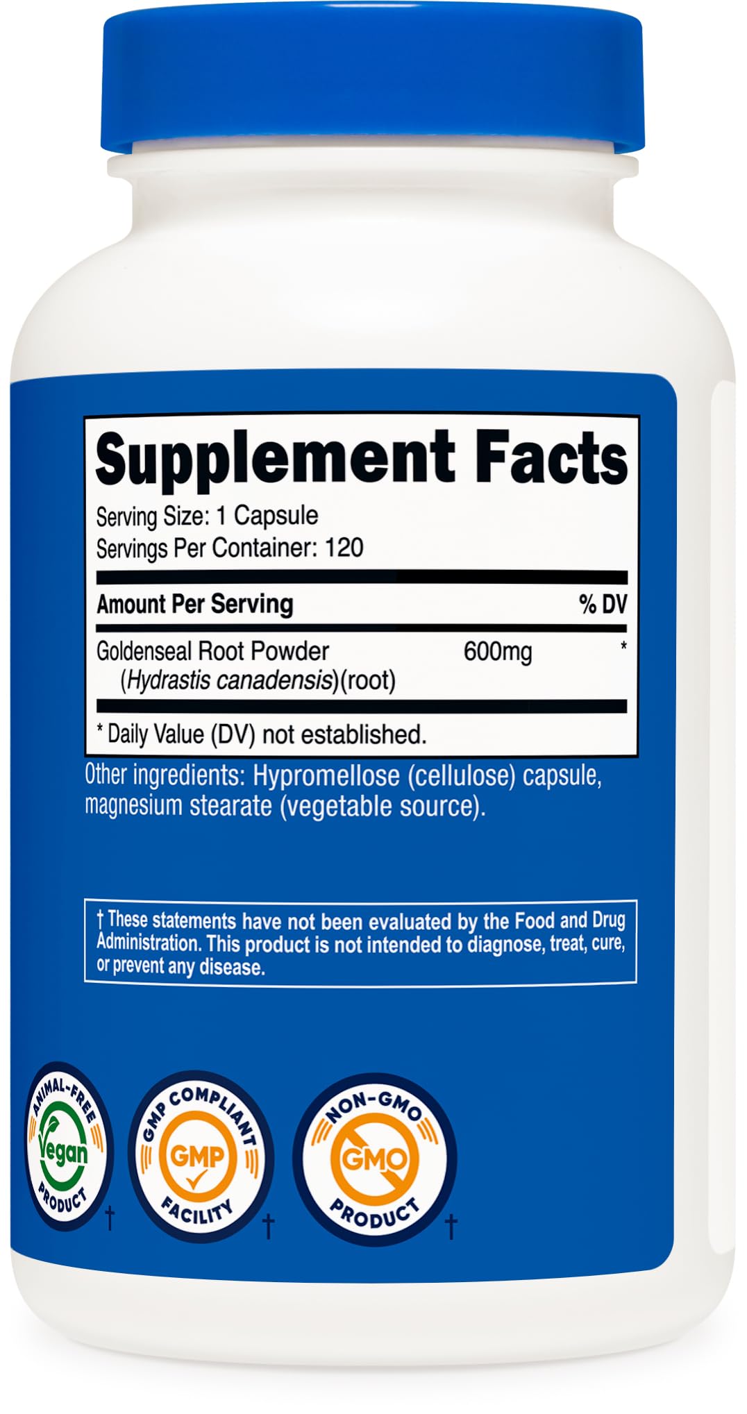Capsules végétariennes Nutricost Goldenseal 600 mg adaptées à divers régimes.