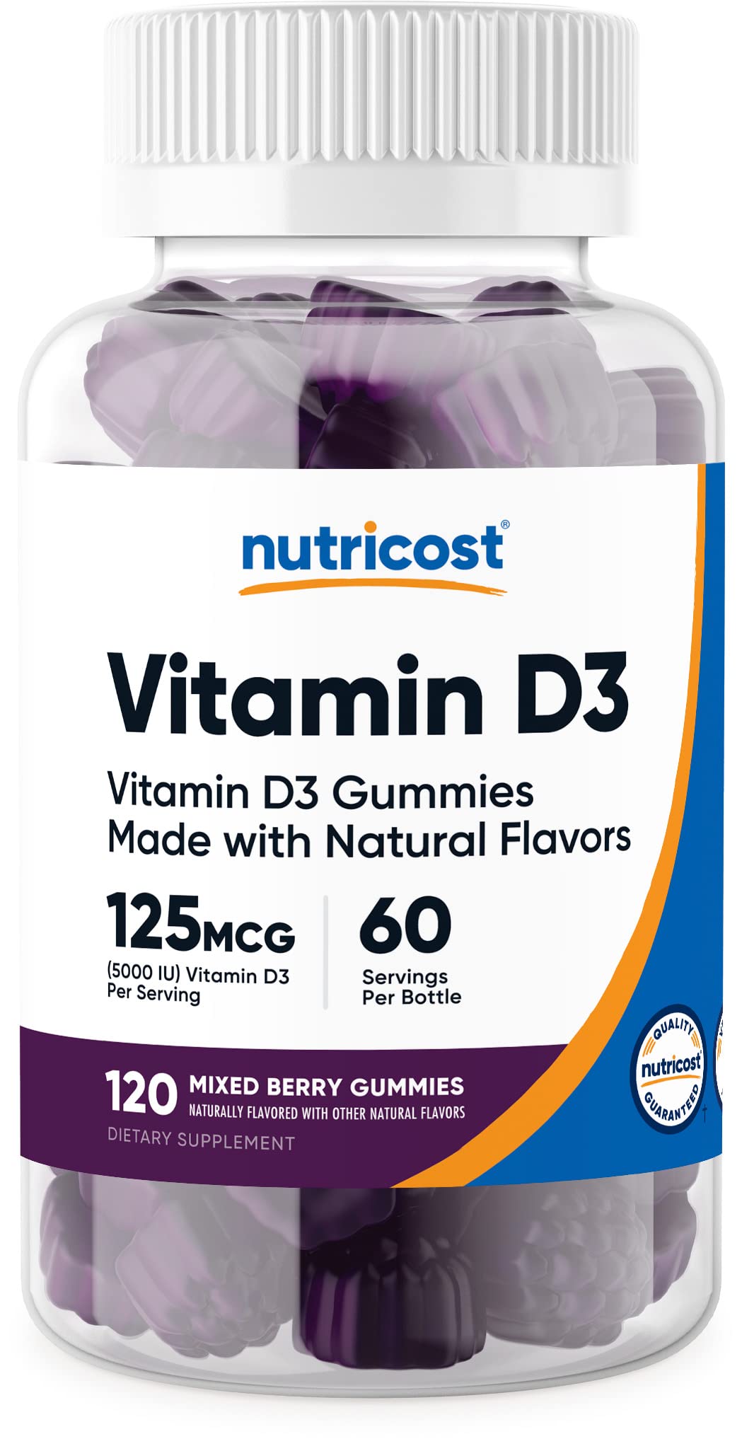 Nutricost Gommes D3 Baies Mélangées, flacon visible, soutien potentiel des os et immunité.