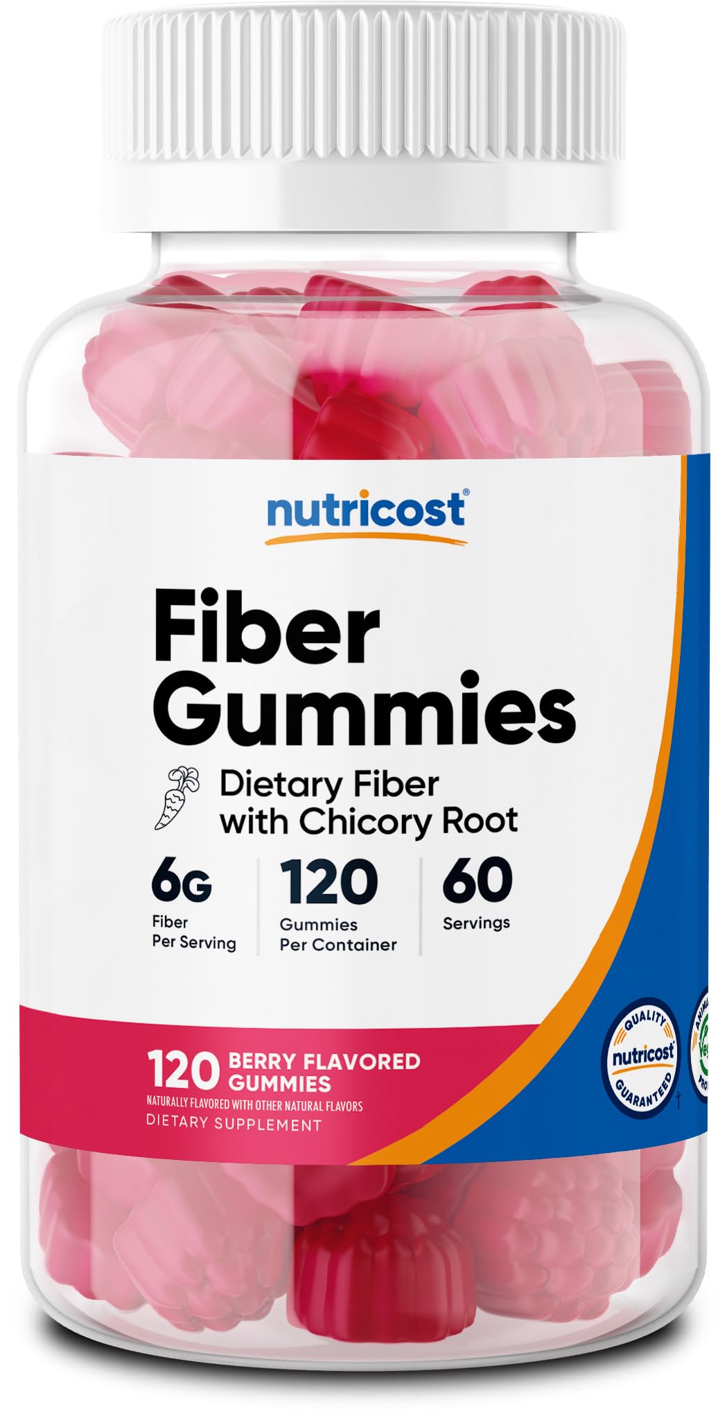 Nutricost Gommes Fibre Framboise, bouteille ouverte, collation pratique et riche en fibre.