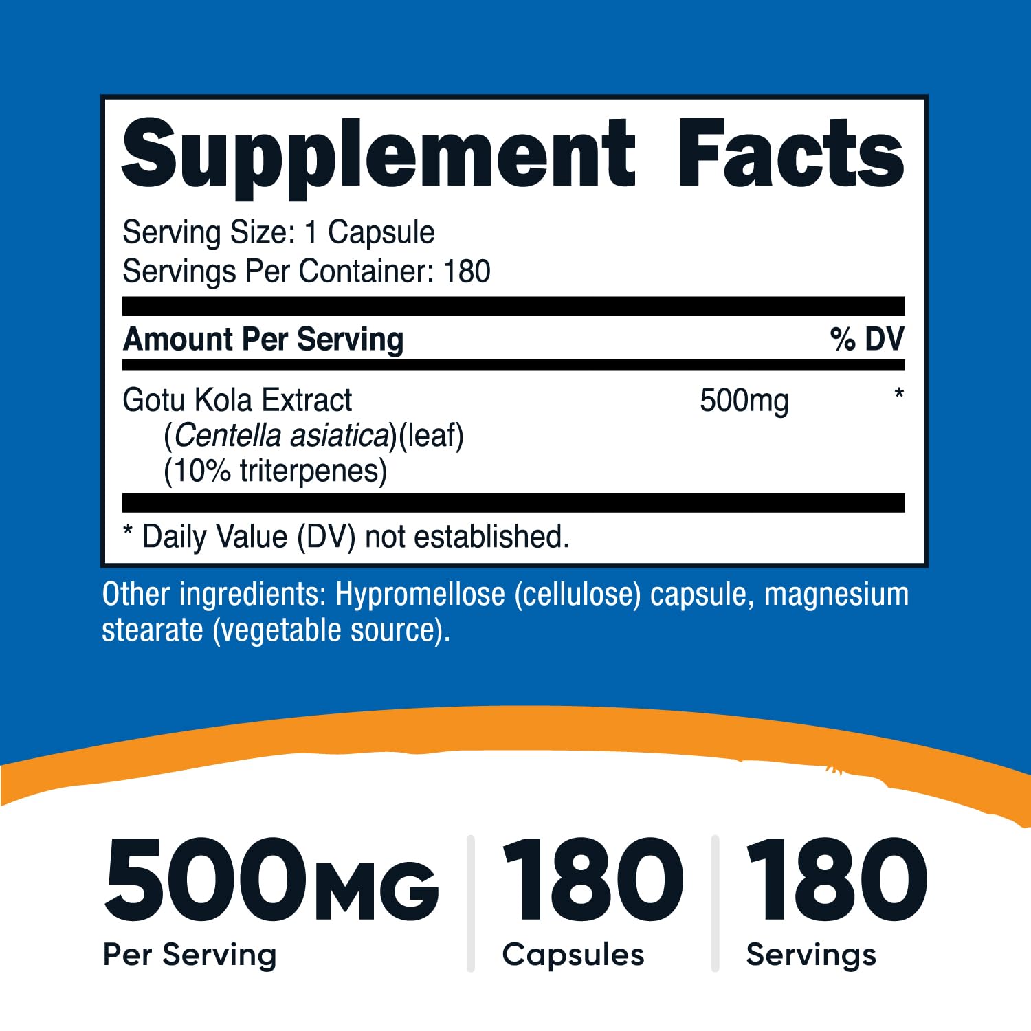 Nutricost Gotu Kola capsules 500 mg pour un apport quotidien pratique.