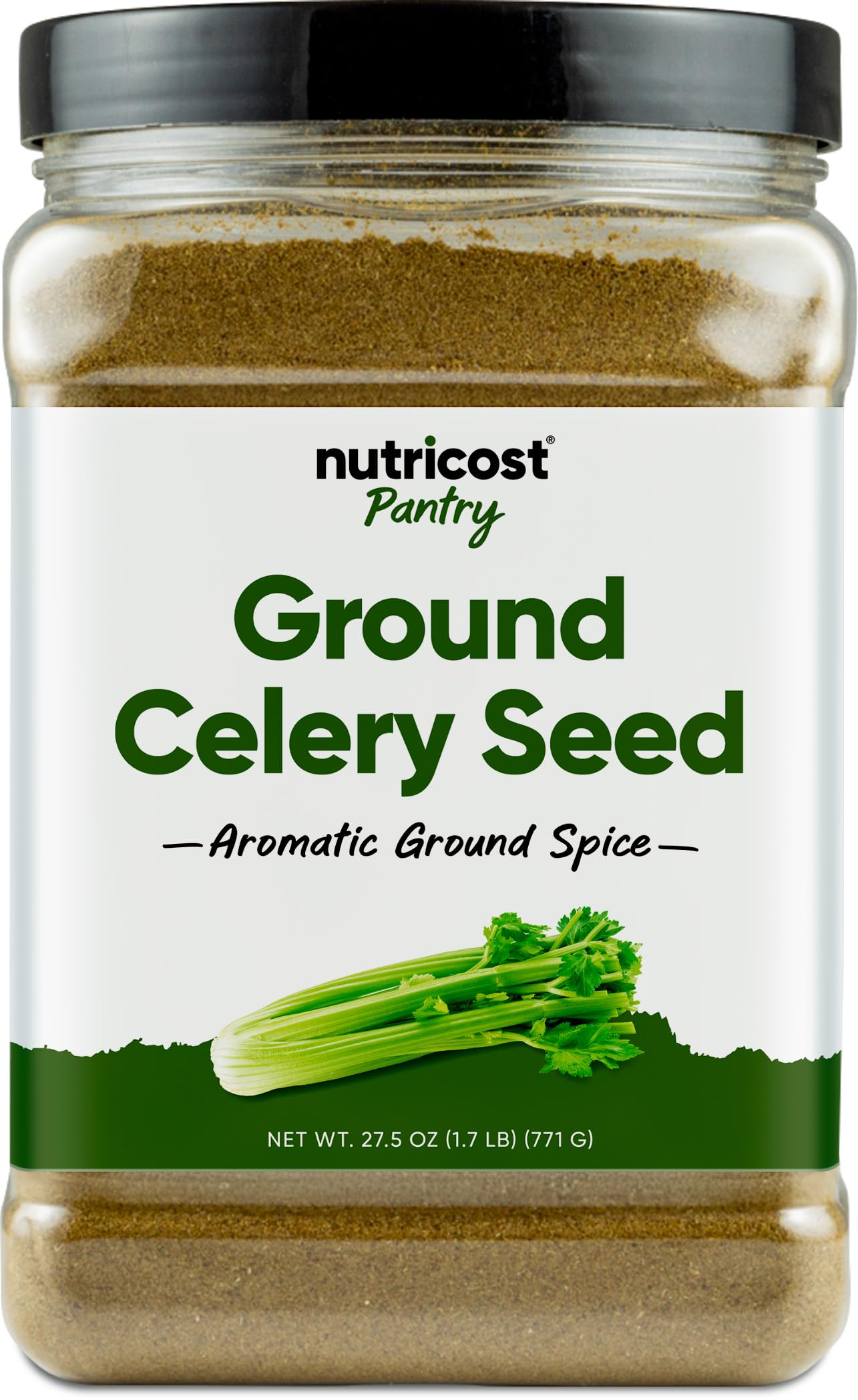 Nutricost Graine Céleri Moulu dans un bocal, ideale pour cornichons et plats mijotés.