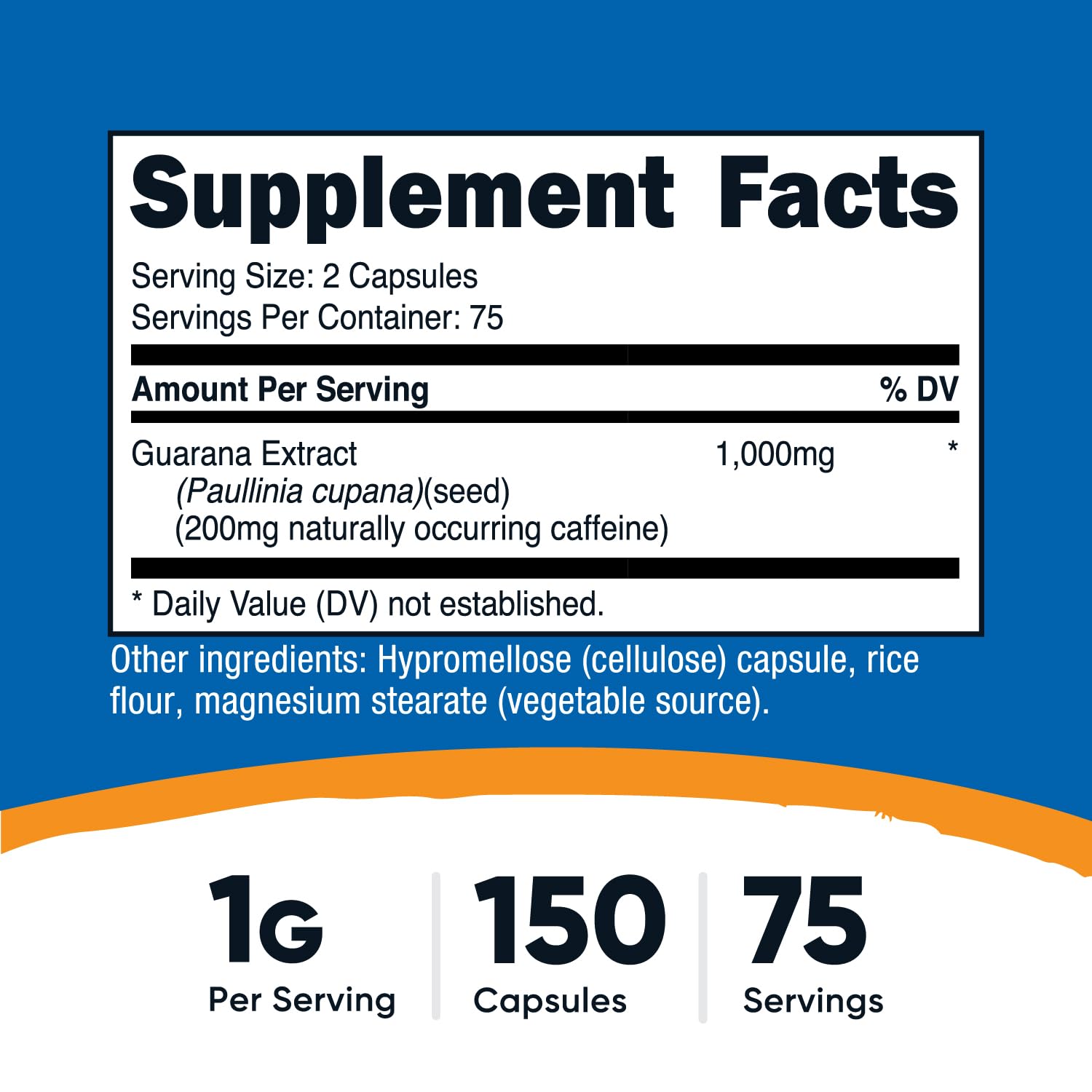 Nutricost Guarana, bouteille de 150 capsules, format pratique à emporter.