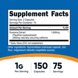 Nutricost Guarana, bouteille de 150 capsules, format pratique à emporter.