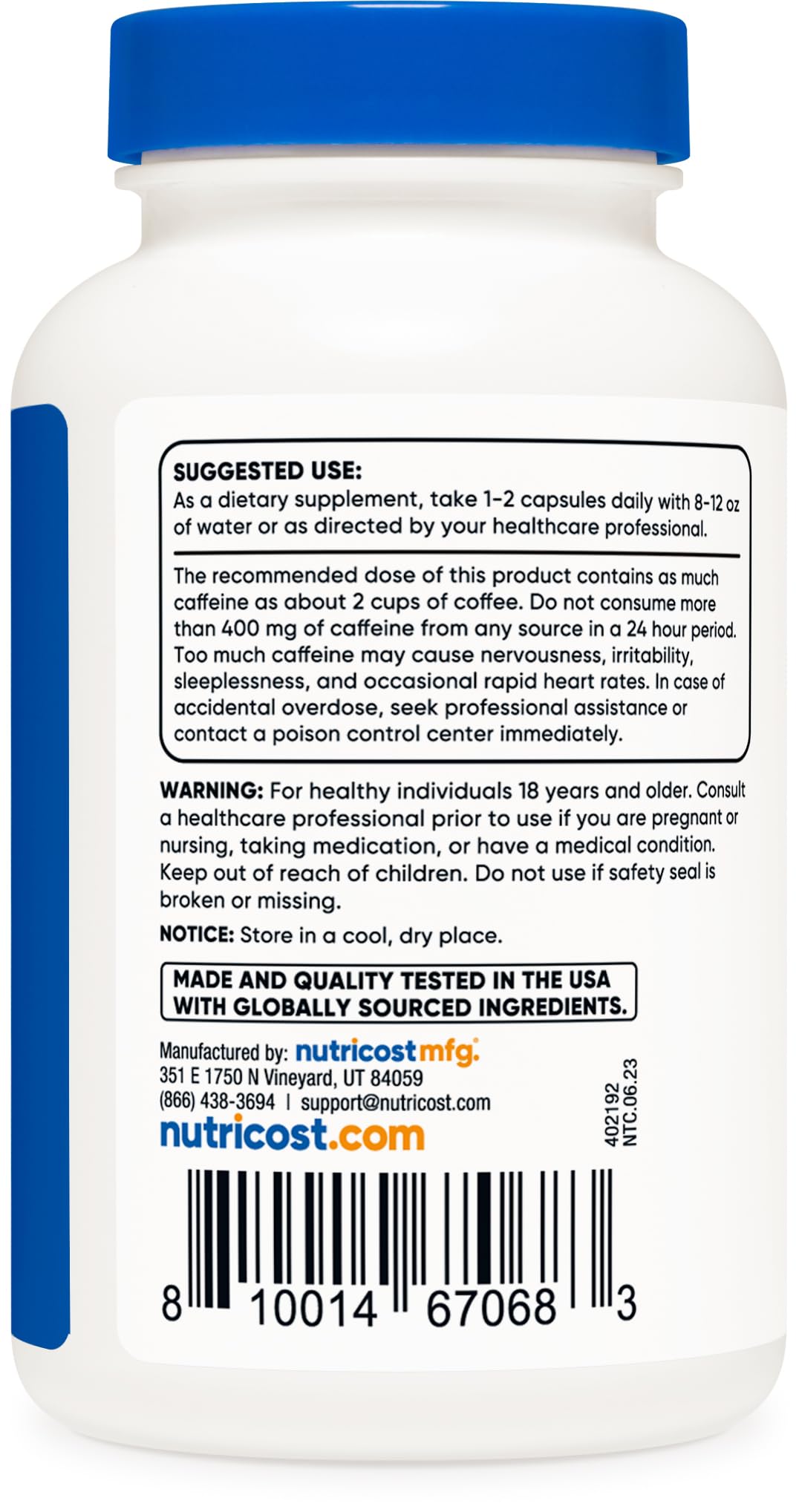 Nutricost Guarana, extrait 500 mg par capsule, énergie ciblée.