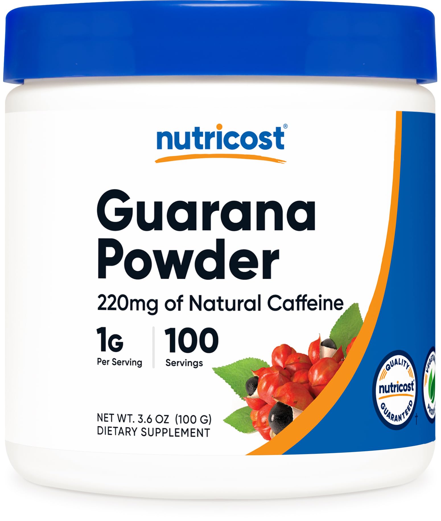 Nutricost Guarana Extrait en poudre dans la bouteille 100 g, énergie naturelle prête à l'emploi.