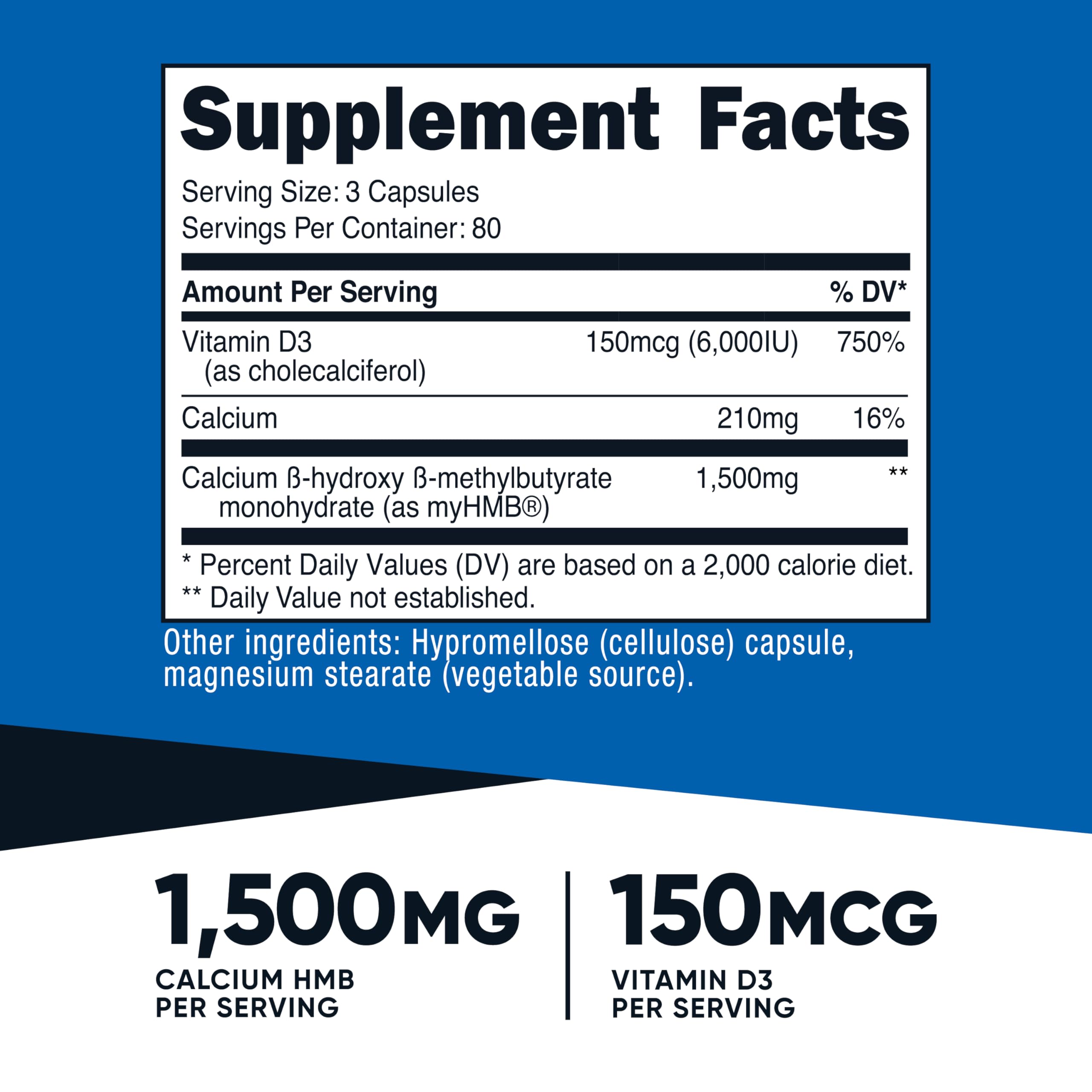 Étiquette Nutricost HMB D3 montrant les ingrédients et l’absence de gluten et d’OGM.